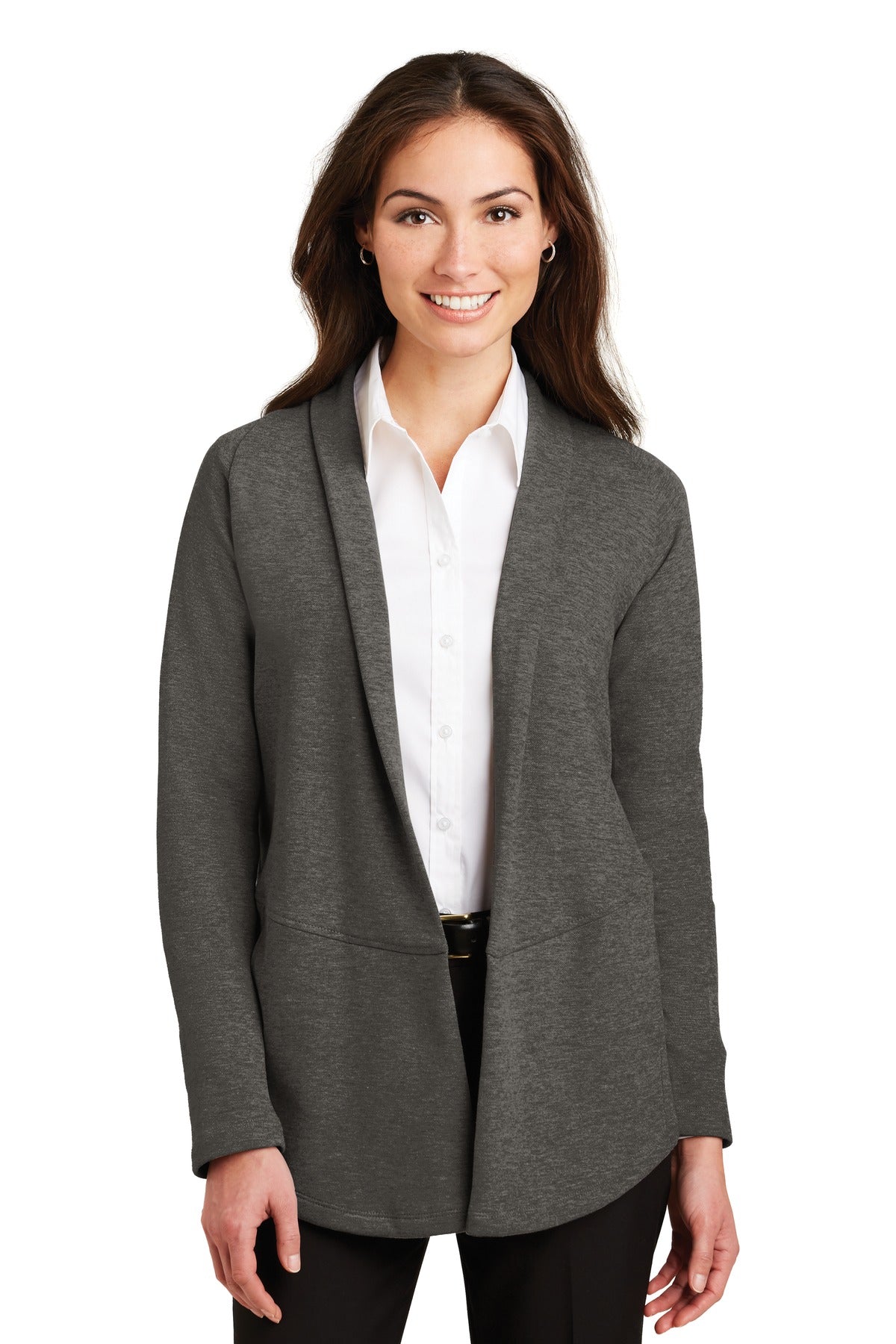 Custom Charcoal Heather/ Medium Heather Grey Women's Interlock Cardigan L807, personalized by SanCanDo Swag in Argyle, TX