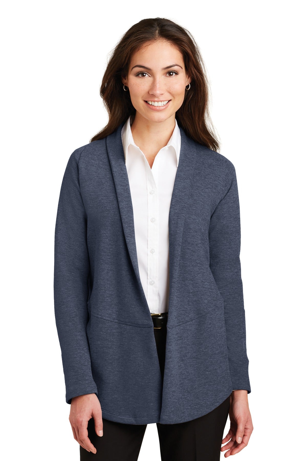 Custom Estate Blue Heather/ Charcoal Heather Women's Interlock Cardigan L807, personalized by SanCanDo Swag in Argyle, TX