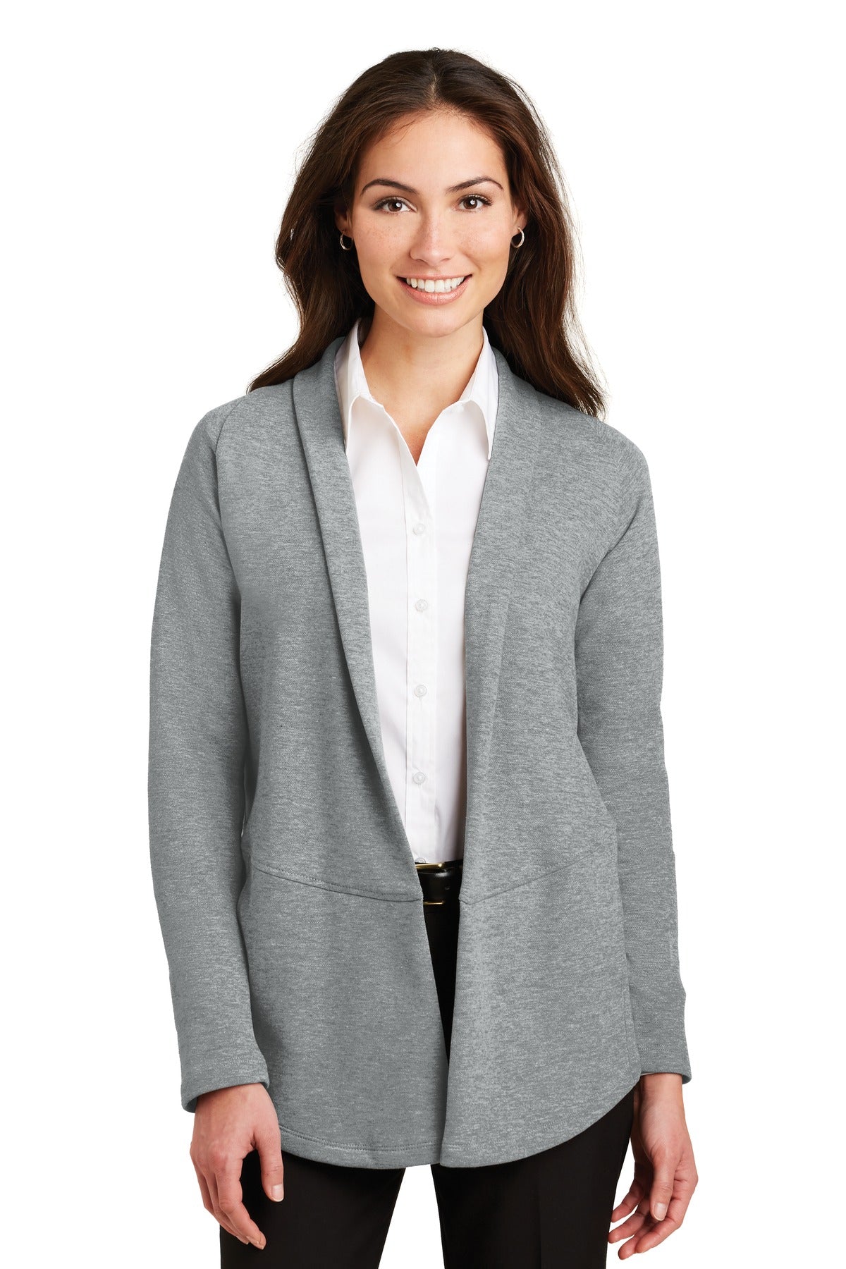 Custom Medium Heather Grey/ Charcoal Heather Women's Interlock Cardigan L807, personalized by SanCanDo Swag in Argyle, TX