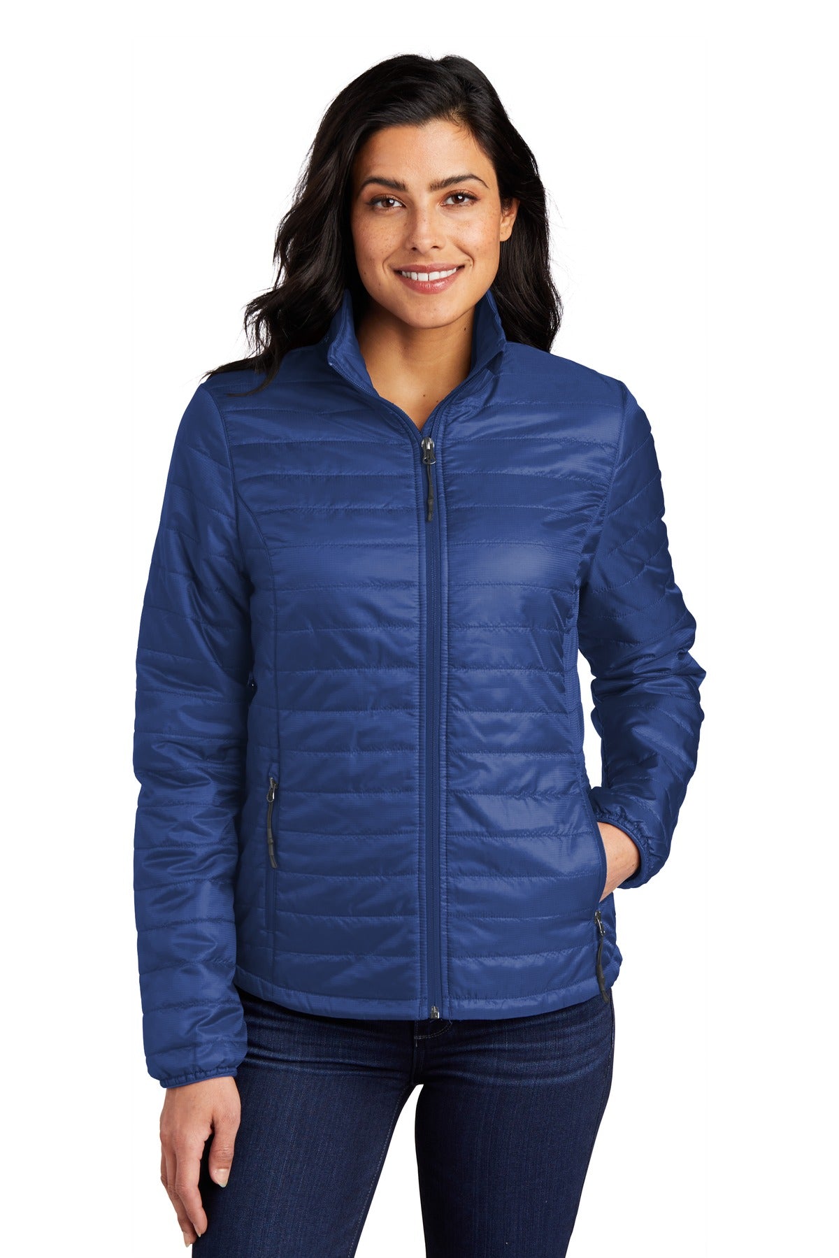 Custom Cobalt Blue Women's Packable Puffy Jacket L850, personalized by SanCanDo Swag in Argyle, TX
