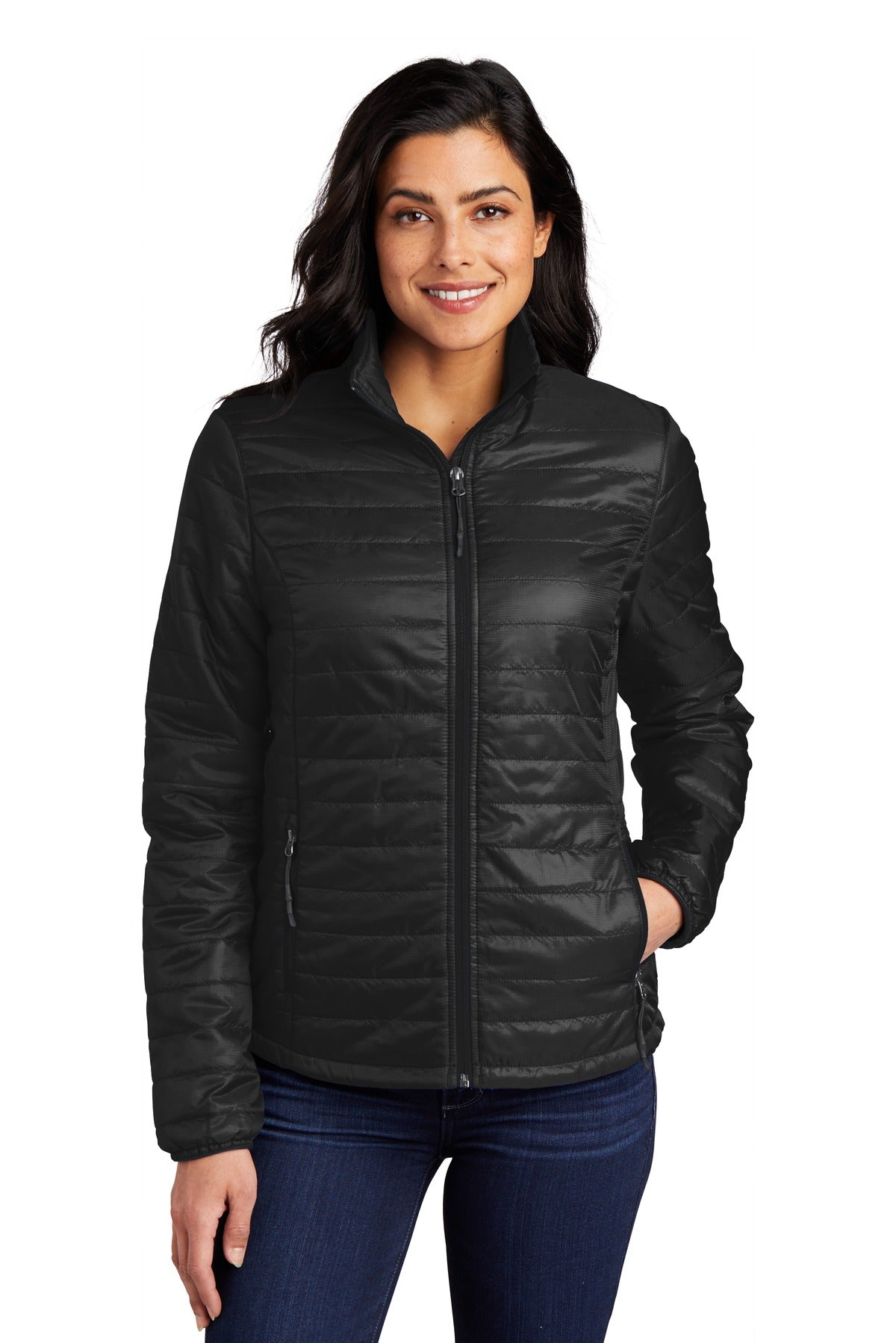 Custom Deep Black Women's Packable Puffy Jacket L850, personalized by SanCanDo Swag in Argyle, TX