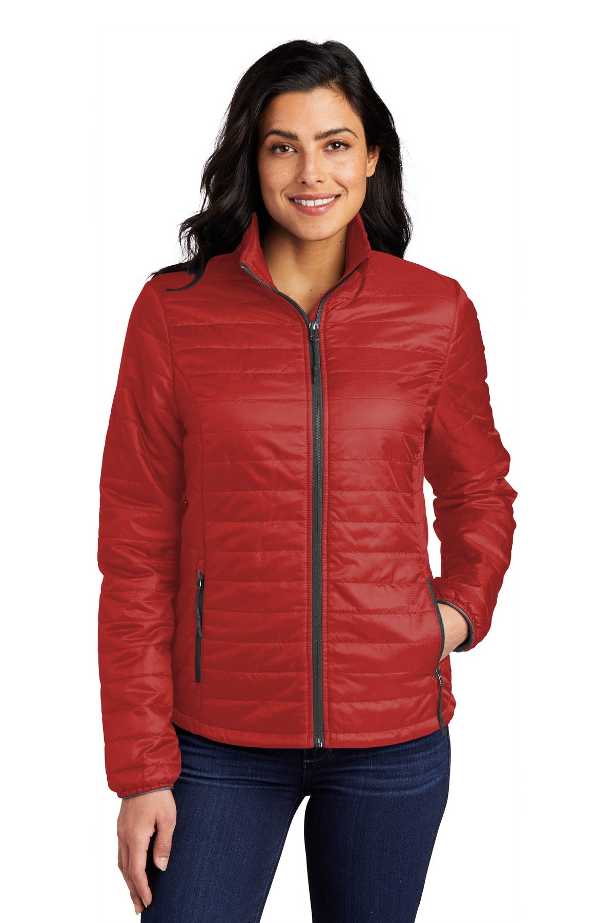 Custom Fire Red/ Graphite Women's Packable Puffy Jacket L850, personalized by SanCanDo Swag in Argyle, TX