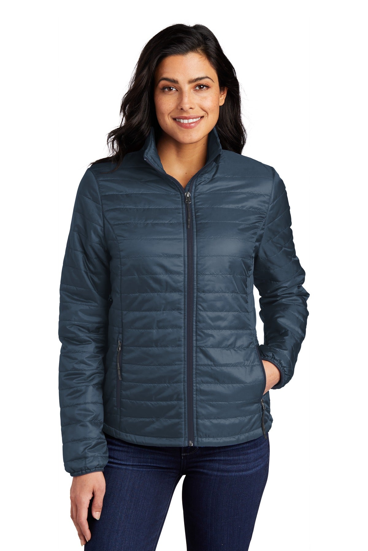 Custom Regatta Blue/ River Blue Navy Women's Packable Puffy Jacket L850, personalized by SanCanDo Swag in Argyle, TX