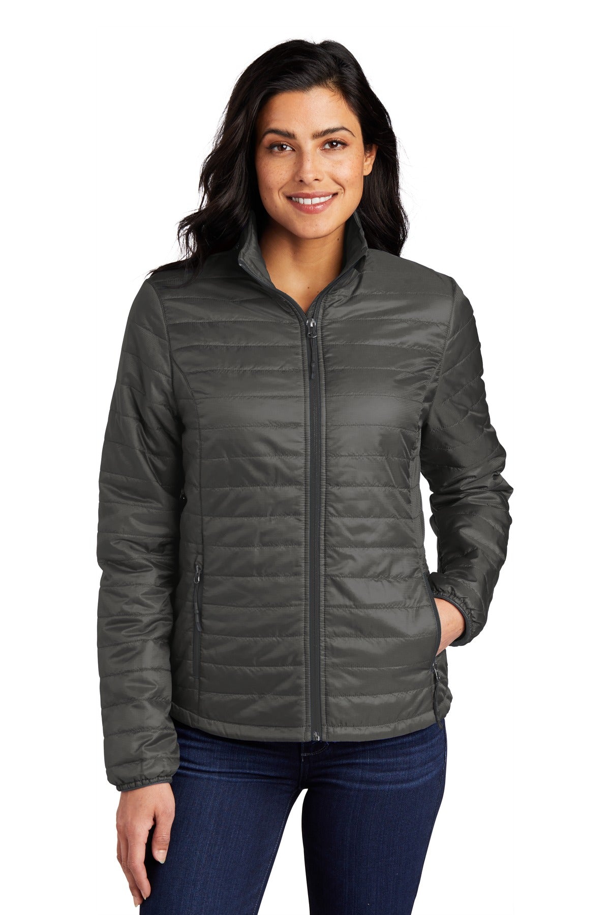 Custom Sterling Grey/ Graphite Women's Packable Puffy Jacket L850, personalized by SanCanDo Swag in Argyle, TX