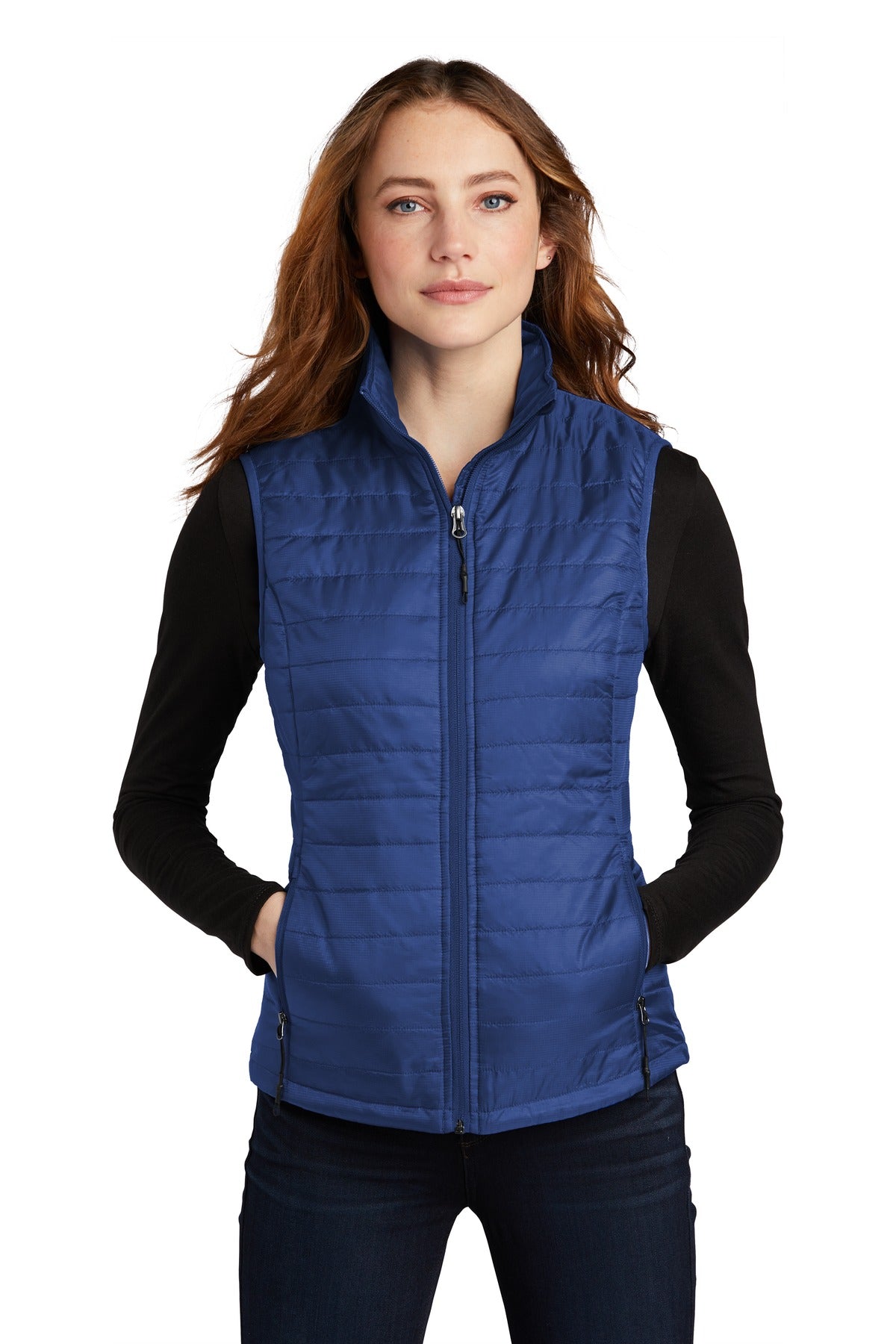 Custom Cobalt Blue Women's Packable Puffy Vest L851, personalized by SanCanDo Swag in Argyle, TX