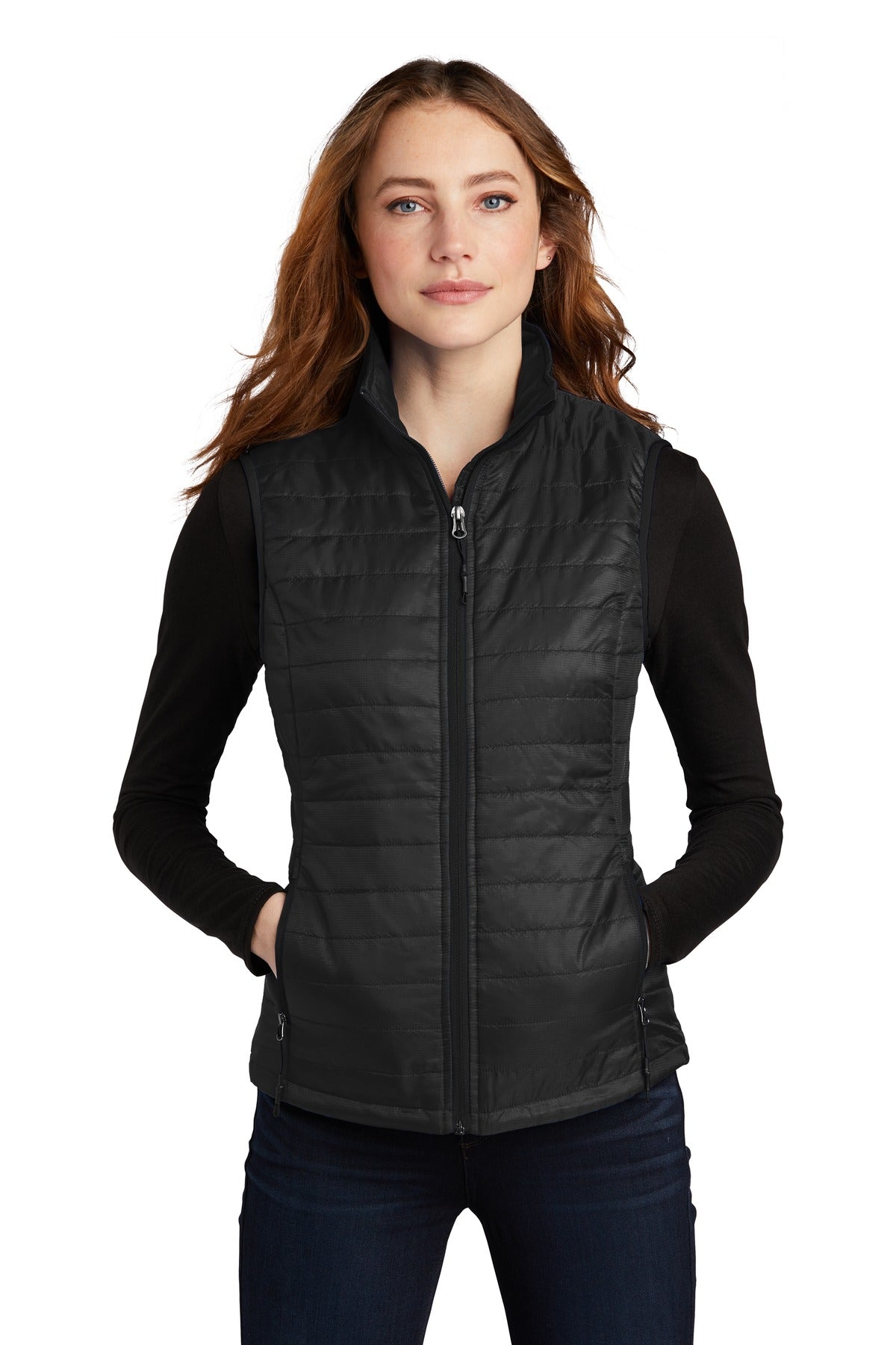 Custom Deep Black Women's Packable Puffy Vest L851, personalized by SanCanDo Swag in Argyle, TX