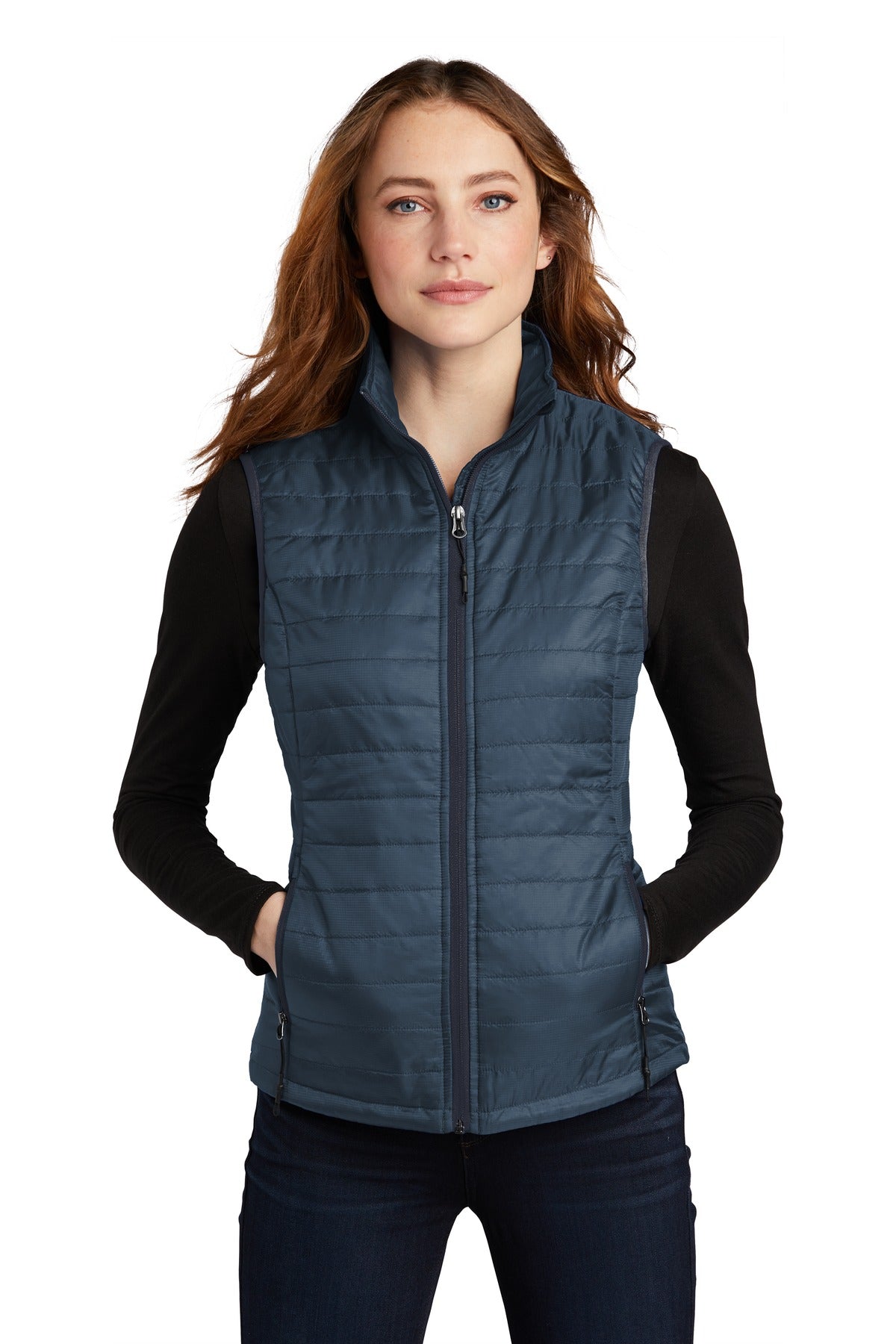 Custom Regatta Blue/ River Blue Navy Women's Packable Puffy Vest L851, personalized by SanCanDo Swag in Argyle, TX