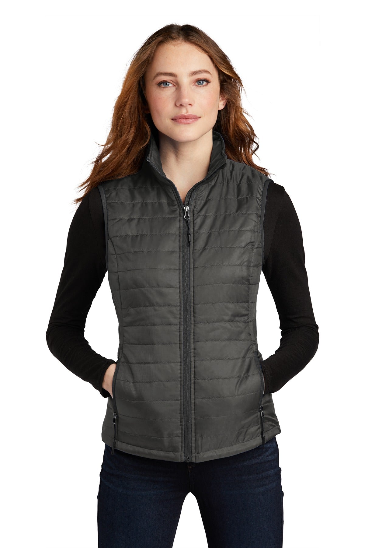 Custom Sterling Grey/ Graphite Women's Packable Puffy Vest L851, personalized by SanCanDo Swag in Argyle, TX