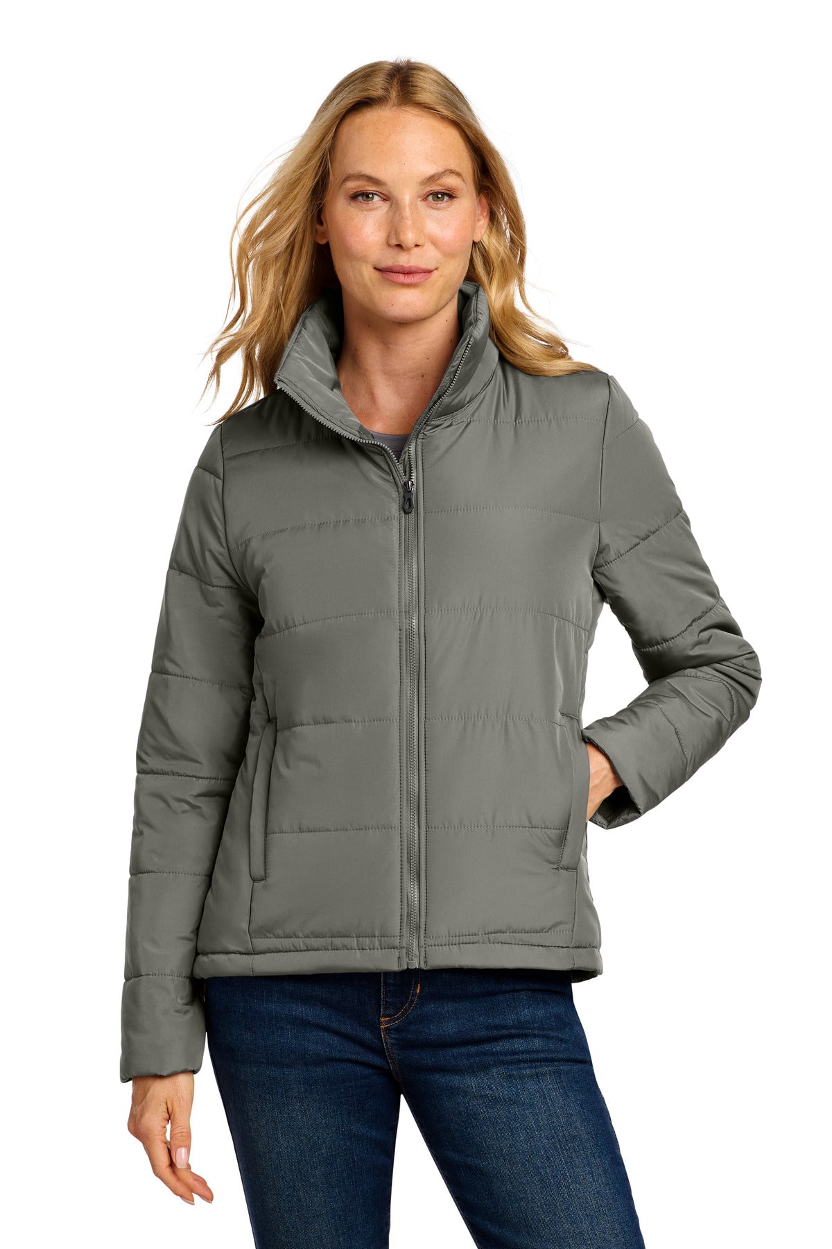 Custom Shadow Grey Women's Puffer Jacket L852, personalized by SanCanDo Swag in Argyle, TX