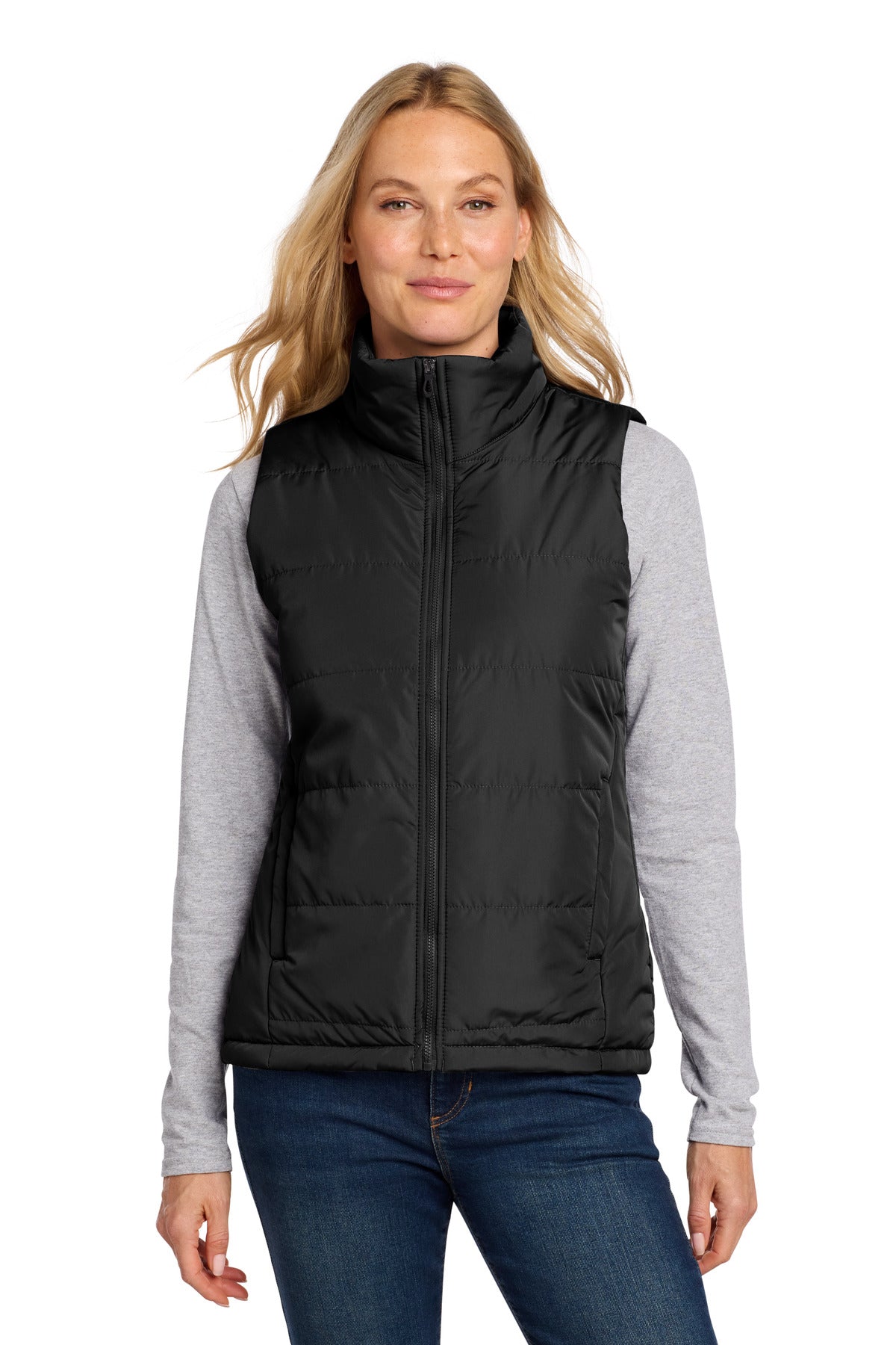 Custom Deep Black Women's Puffer Vest L853, personalized by SanCanDo Swag in Argyle, TX