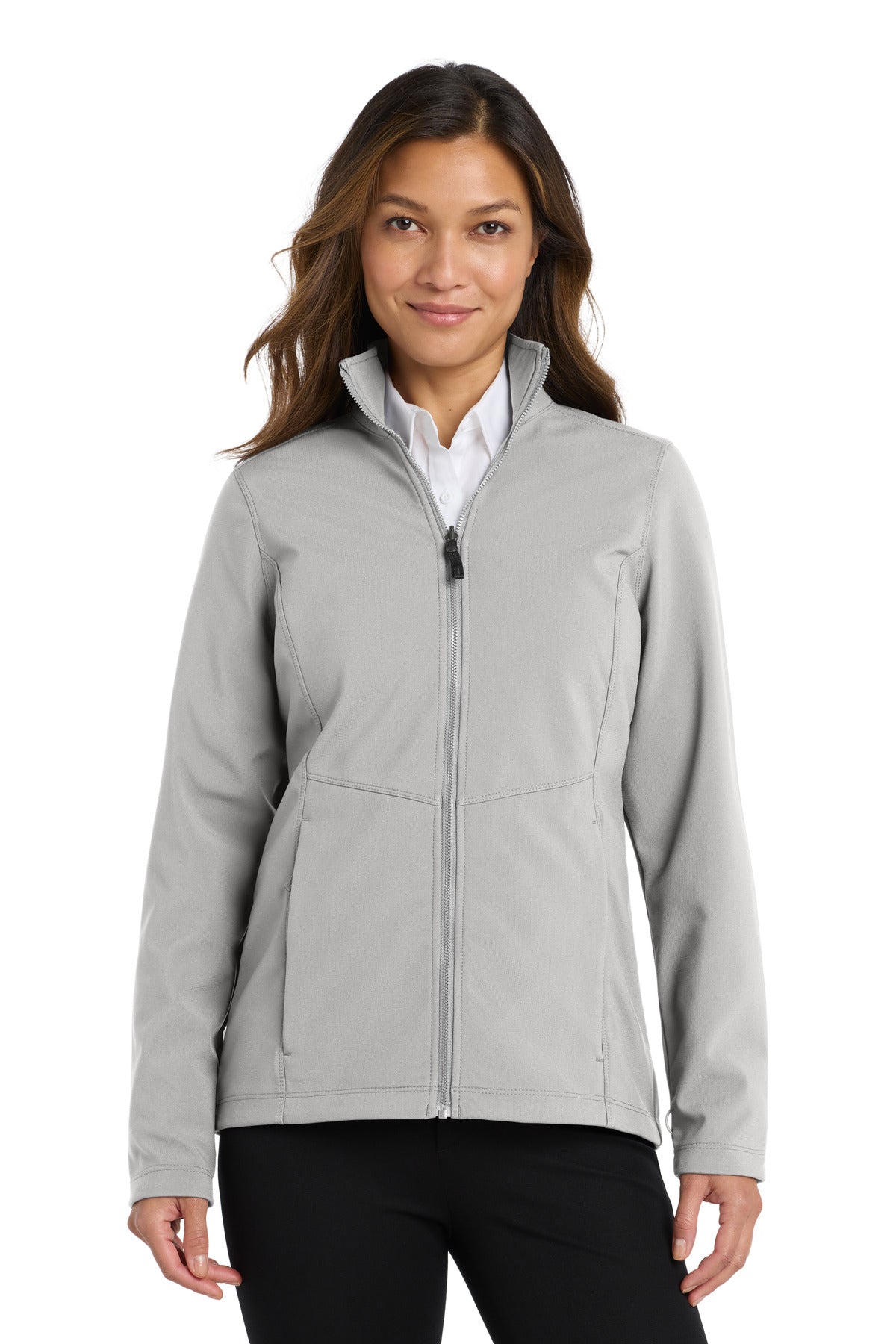 Custom Gusty Grey Women's Collective Soft Shell Jacket L901, personalized by SanCanDo Swag in Argyle, TX