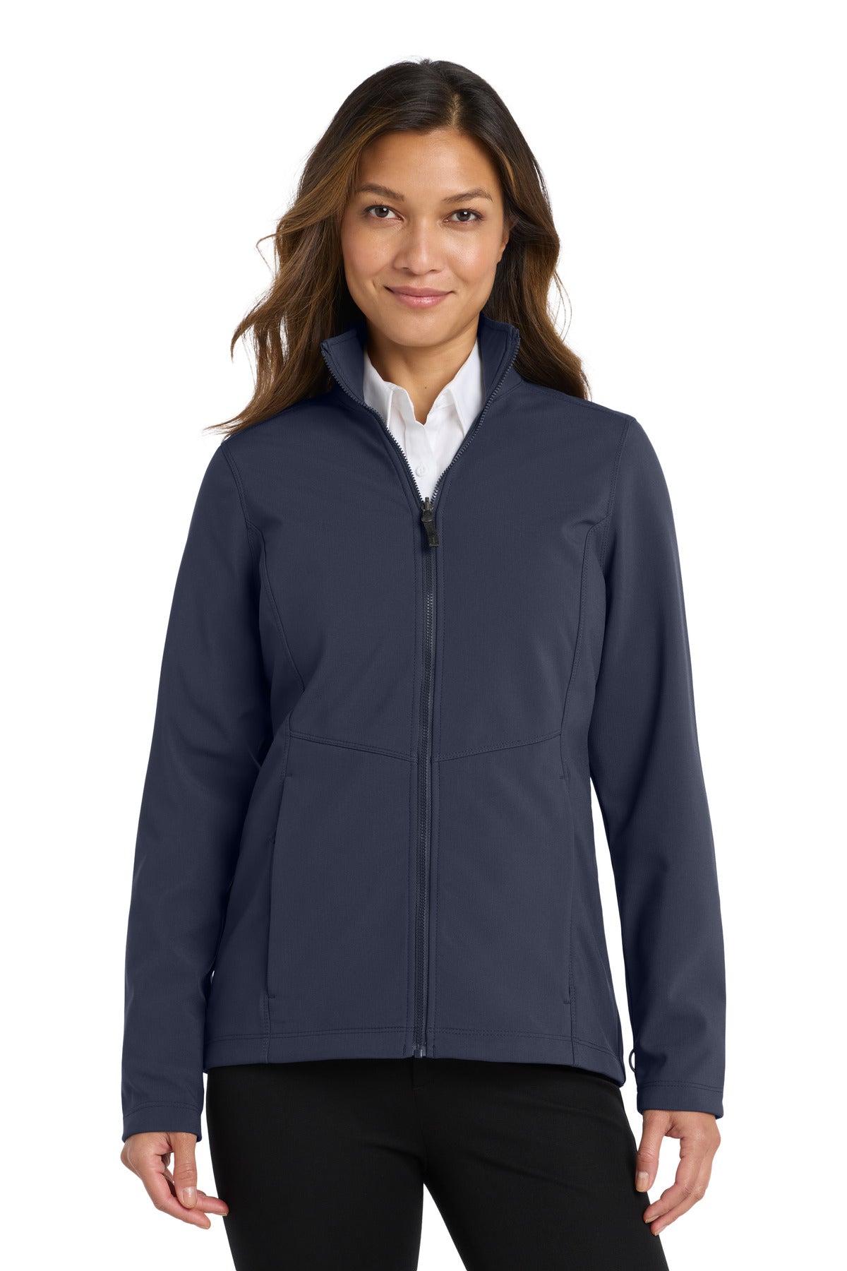 Custom River Blue Navy Women's Collective Soft Shell Jacket L901, personalized by SanCanDo Swag in Argyle, TX