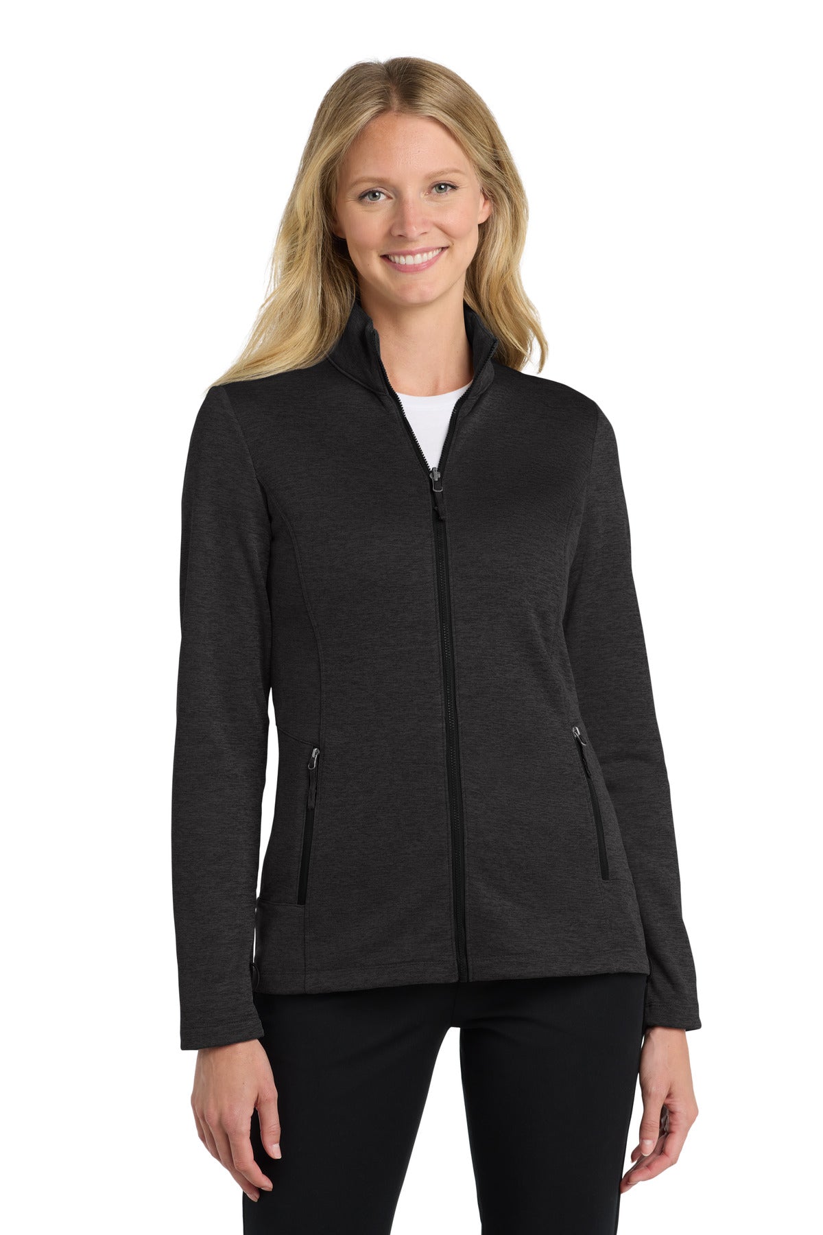 Custom Deep Black Heather Collective Striated Fleece Jacket L905, personalized by SanCanDo Swag in Argyle, TX