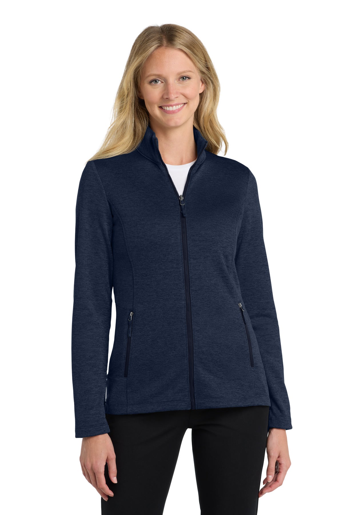 Custom River Blue Navy Heather Collective Striated Fleece Jacket L905, personalized by SanCanDo Swag in Argyle, TX