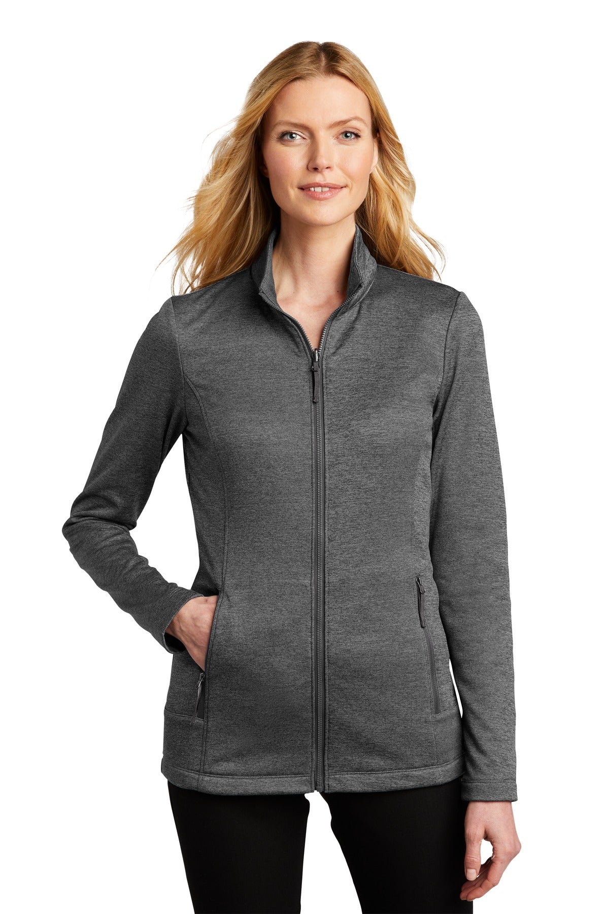 Custom Sterling Grey Heather Collective Striated Fleece Jacket L905, personalized by SanCanDo Swag in Argyle, TX