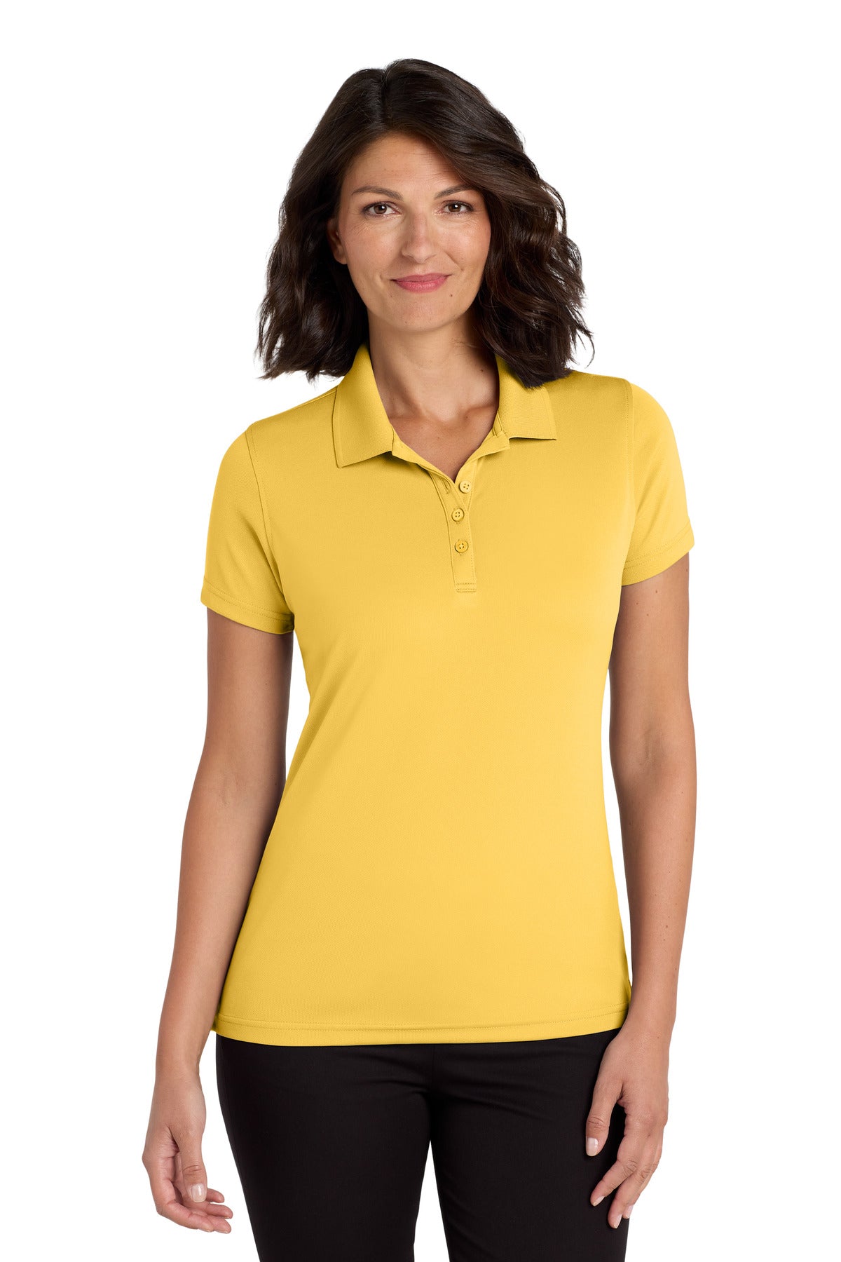 Custom Sunburst Yellow Women's Dry Zone UV Micro-Mesh Polo LK110, personalized by SanCanDo Swag in Argyle, TX