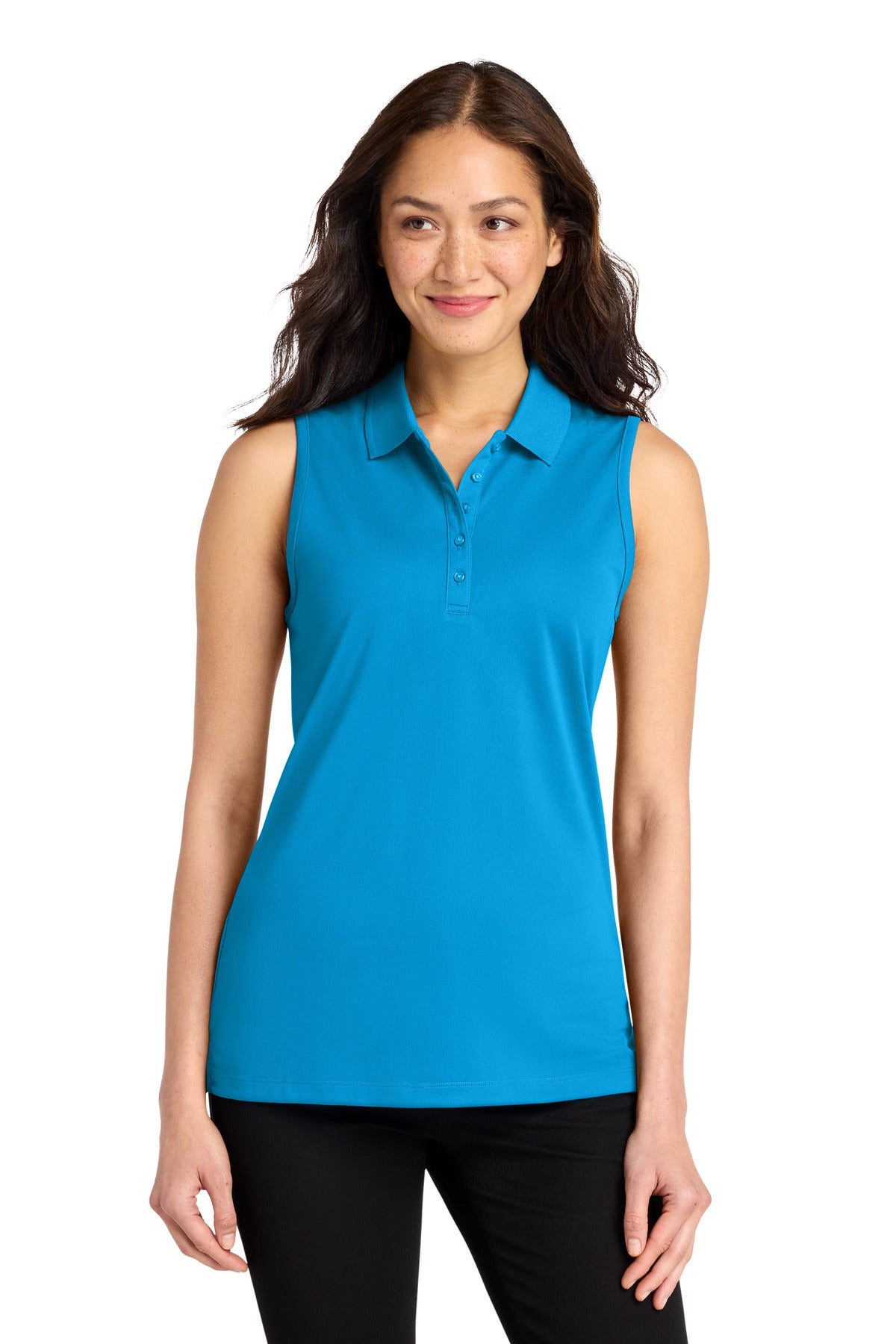 Custom Coastal Blue Dry Zone UV Micro-Mesh Sleeveless Polo LK110SV, personalized by SanCanDo Swag in Argyle, TX