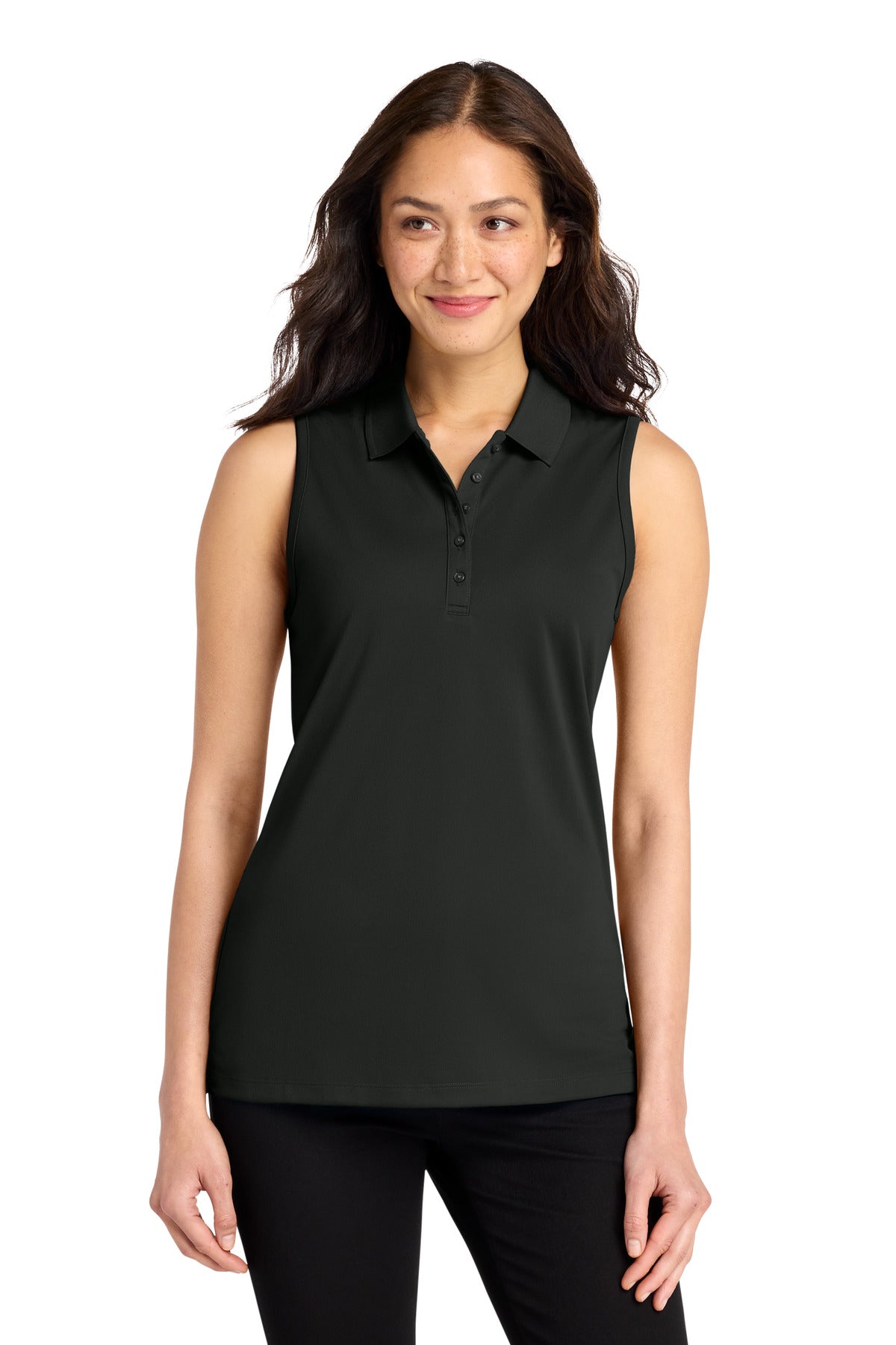 Custom Deep Black Dry Zone UV Micro-Mesh Sleeveless Polo LK110SV, personalized by SanCanDo Swag in Argyle, TX