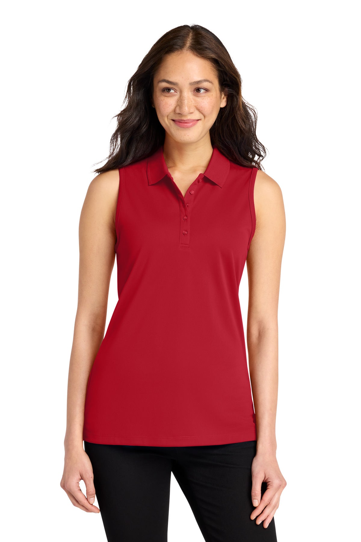 Custom Rich Red Dry Zone UV Micro-Mesh Sleeveless Polo LK110SV, personalized by SanCanDo Swag in Argyle, TX