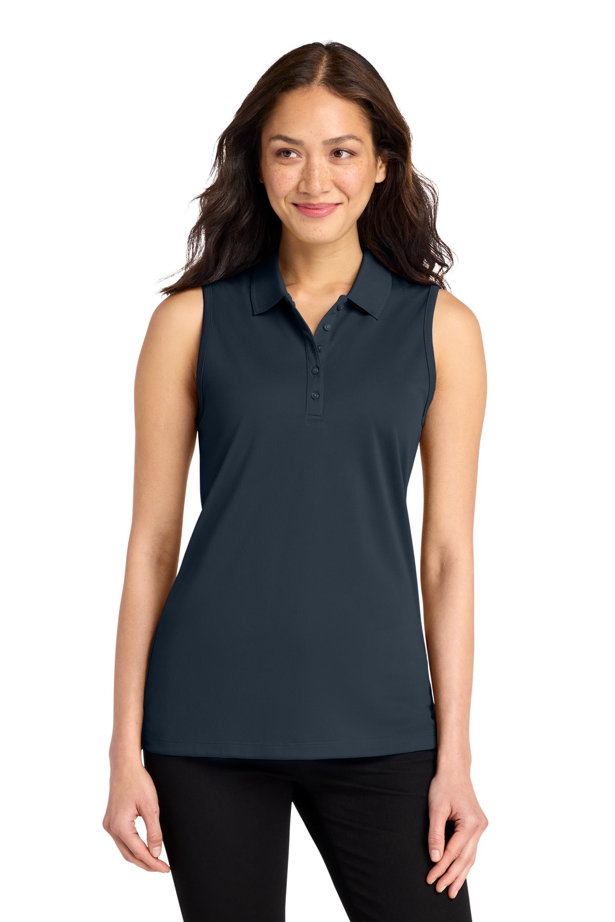 Custom River Blue Navy Dry Zone UV Micro-Mesh Sleeveless Polo LK110SV, personalized by SanCanDo Swag in Argyle, TX