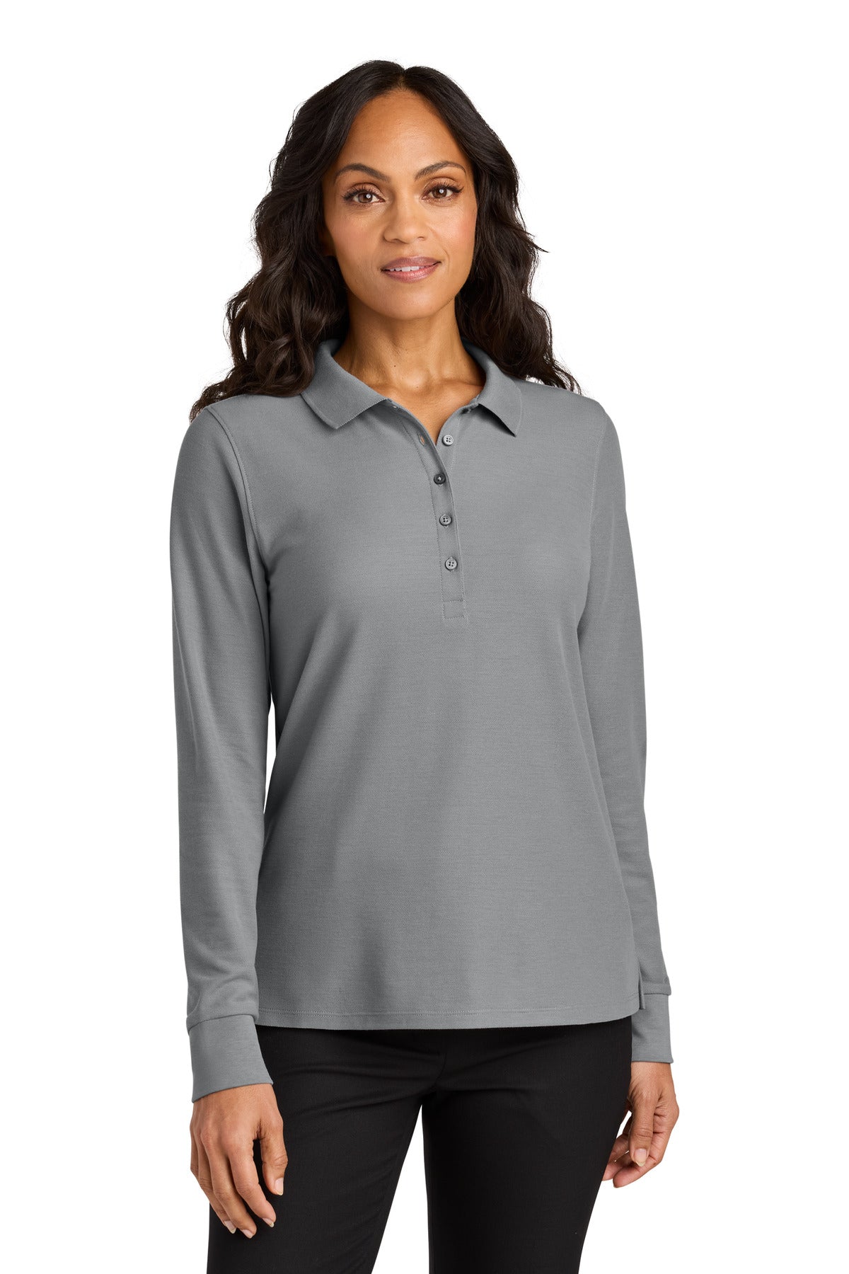 Custom Gusty Grey Wearever Signature Pique Long Sleeve Polo LK200LS, personalized by SanCanDo Swag in Argyle, TX