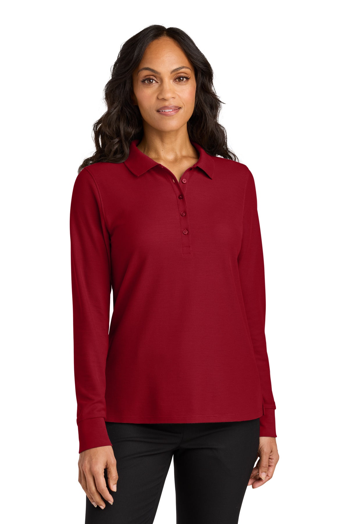 Custom Rich Red Wearever Signature Pique Long Sleeve Polo LK200LS, personalized by SanCanDo Swag in Argyle, TX