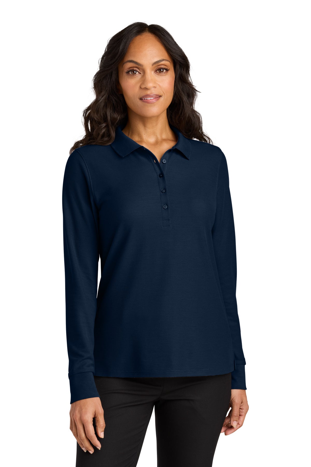Custom River Blue Navy Wearever Signature Pique Long Sleeve Polo LK200LS, personalized by SanCanDo Swag in Argyle, TX