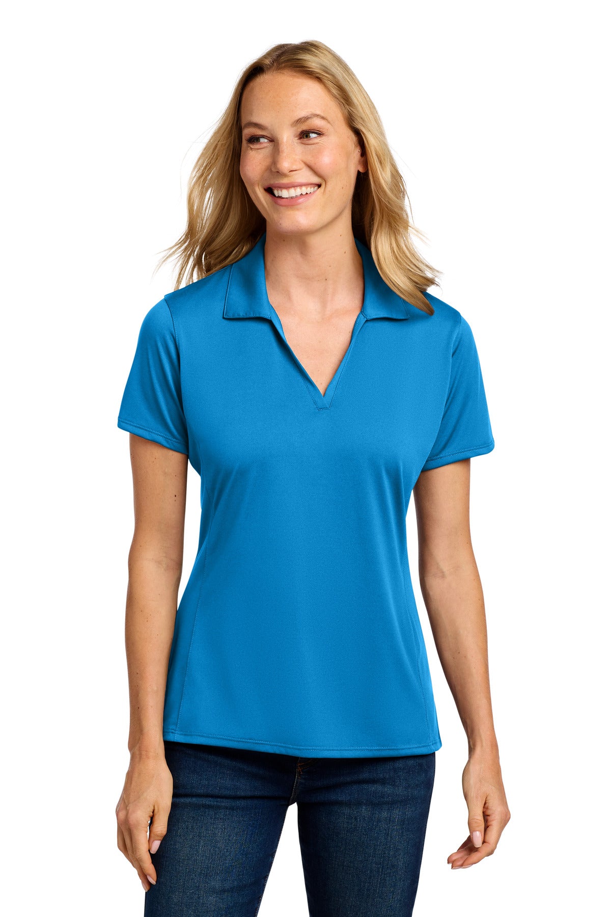 Custom Brilliant Blue Women's Performance Staff Polo LK398, personalized by SanCanDo Swag in Argyle, TX