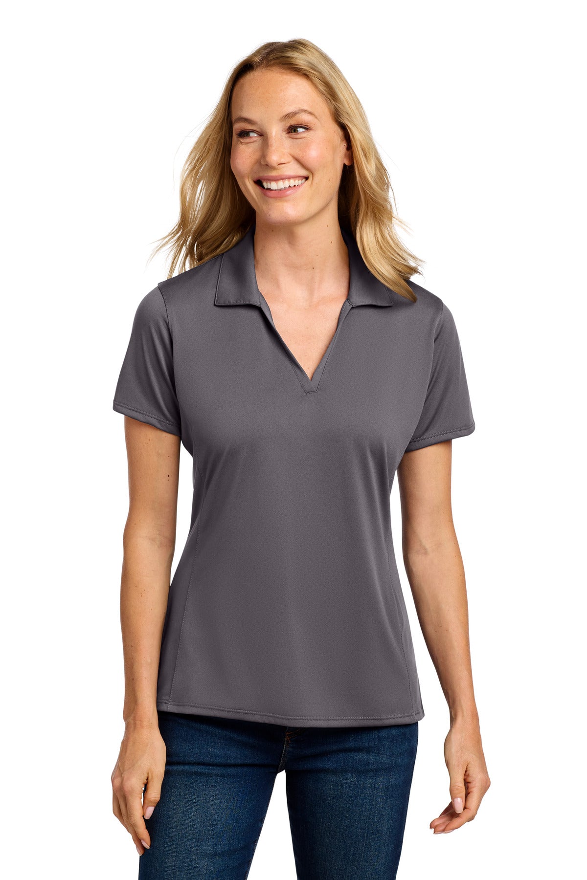 Custom Graphite Women's Performance Staff Polo LK398, personalized by SanCanDo Swag in Argyle, TX