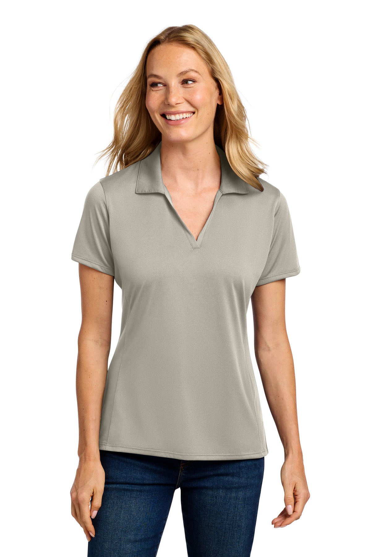Custom Silver Women's Performance Staff Polo LK398, personalized by SanCanDo Swag in Argyle, TX