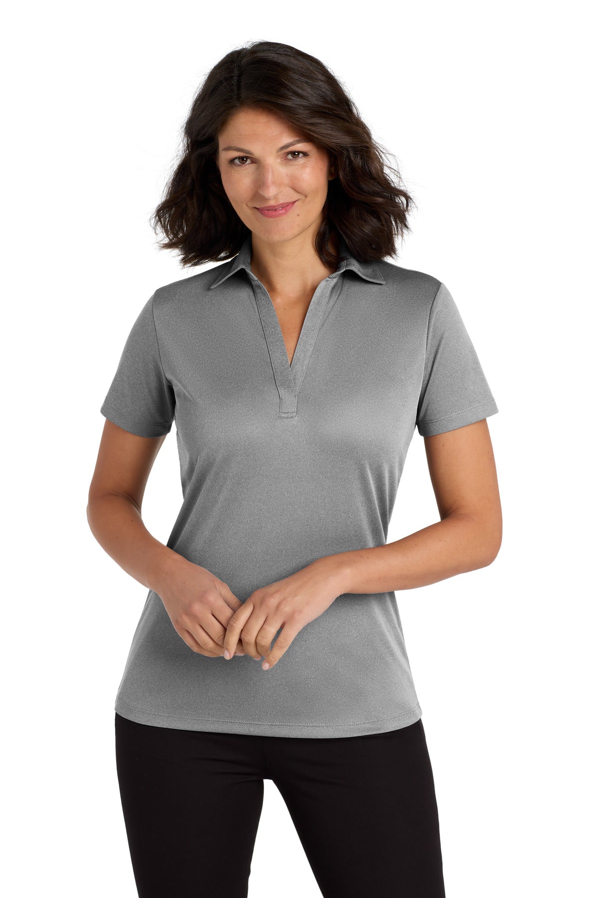 Custom Shadow Grey Heather Heathered Silk Touch Performance Polo LK542, personalized by SanCanDo Swag in Argyle, TX