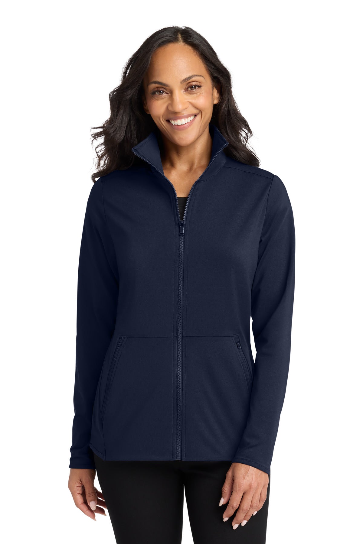 Custom Navy Women's Accord Stretch Fleece Full-Zip LK595, personalized by SanCanDo Swag in Argyle, TX