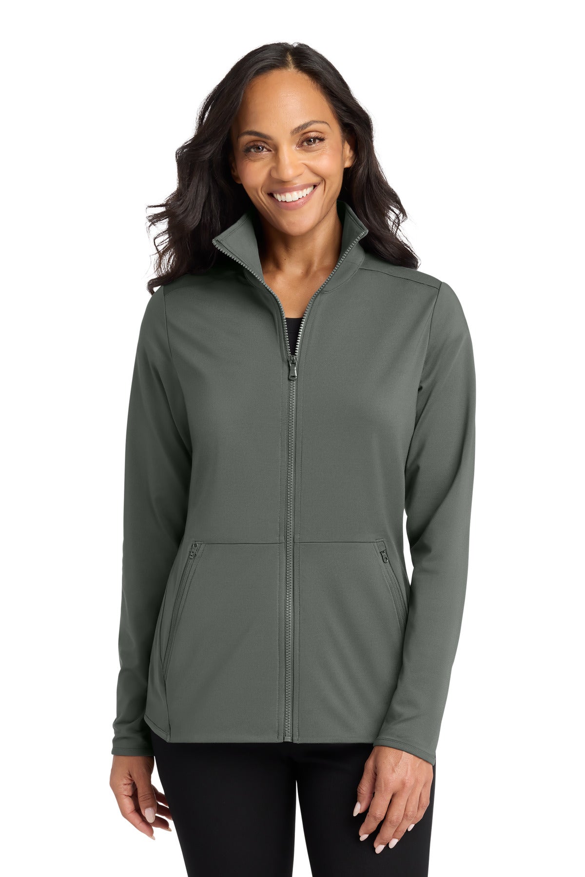 Custom Pewter Women's Accord Stretch Fleece Full-Zip LK595, personalized by SanCanDo Swag in Argyle, TX