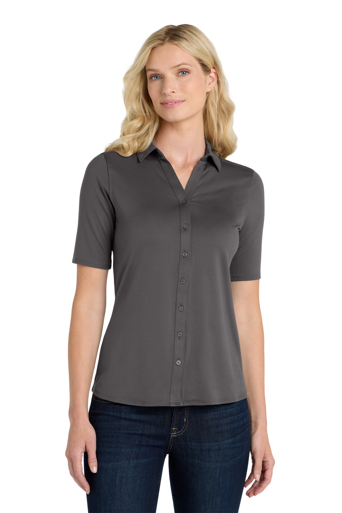 Custom Graphite Women's City Stretch Top LK682, personalized by SanCanDo Swag in Argyle, TX