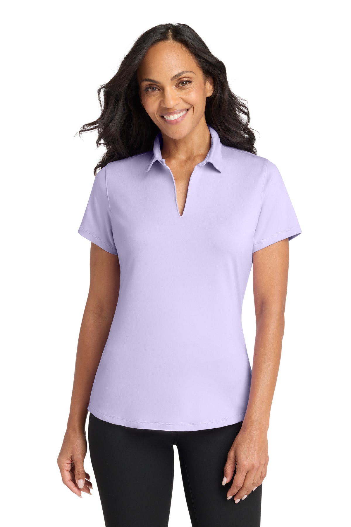 Custom Bright Lavender Women's City Stretch Polo LK683, personalized by SanCanDo Swag in Argyle, TX