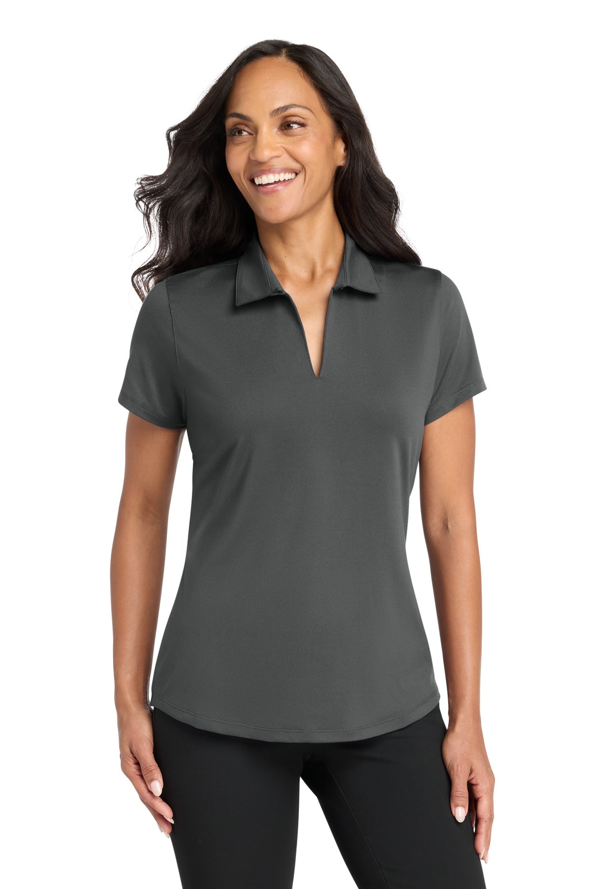 Custom Graphite Women's City Stretch Polo LK683, personalized by SanCanDo Swag in Argyle, TX