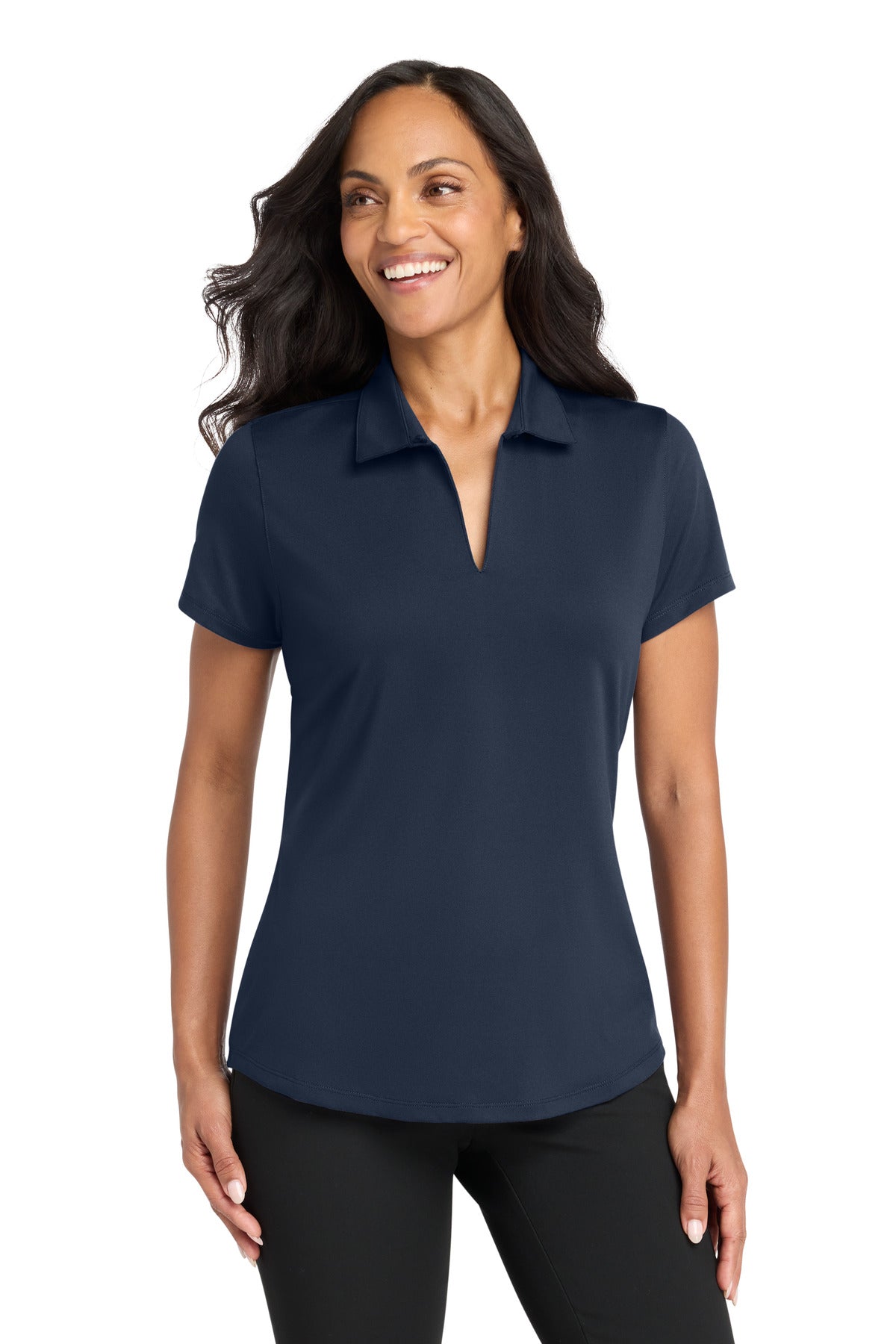 Custom River Blue Navy Women's City Stretch Polo LK683, personalized by SanCanDo Swag in Argyle, TX
