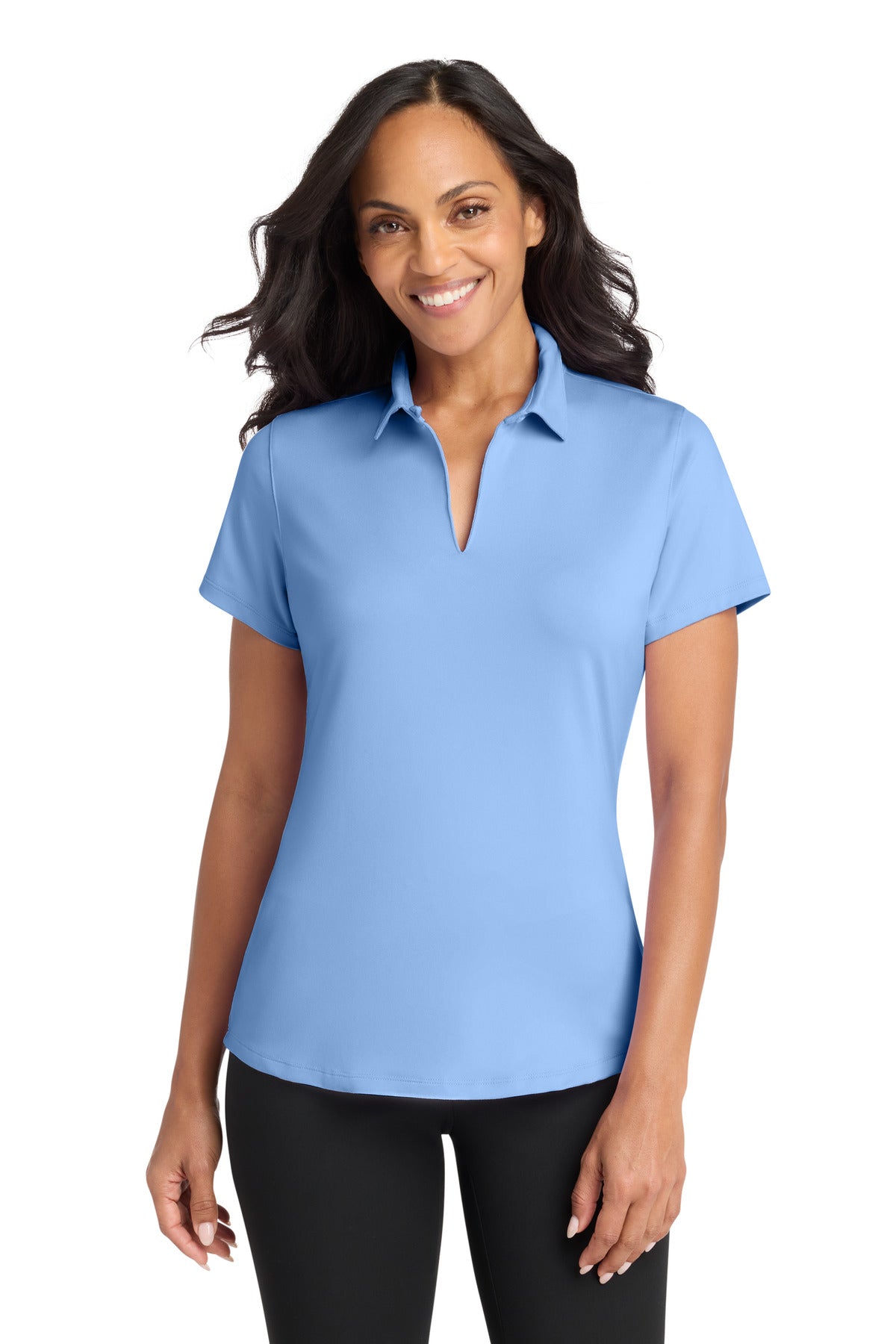 Custom Swiss Blue Women's City Stretch Polo LK683, personalized by SanCanDo Swag in Argyle, TX