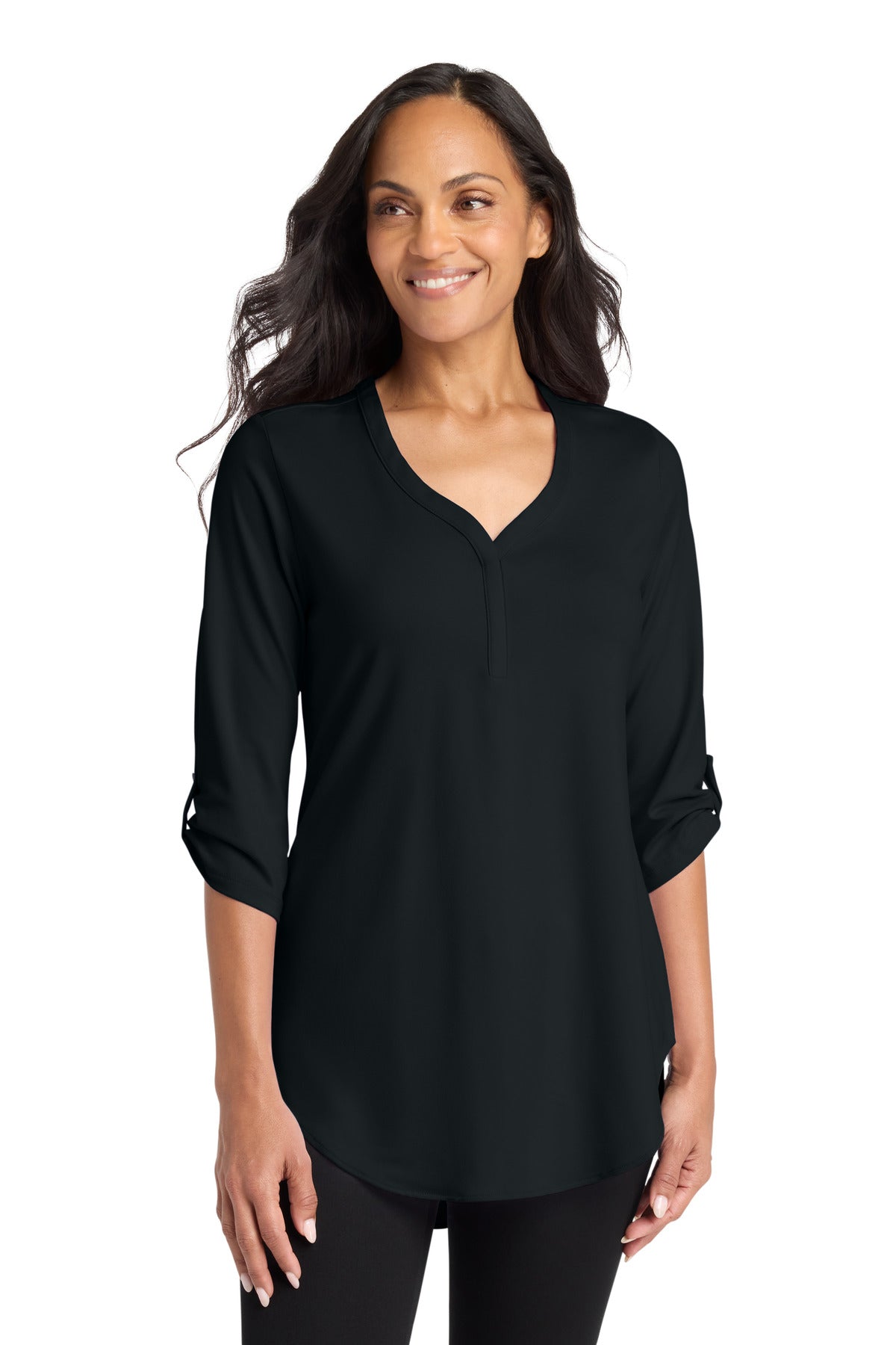 Custom Black Women's City Stretch 3/4-Sleeve Tunic LK6840, personalized by SanCanDo Swag in Argyle, TX
