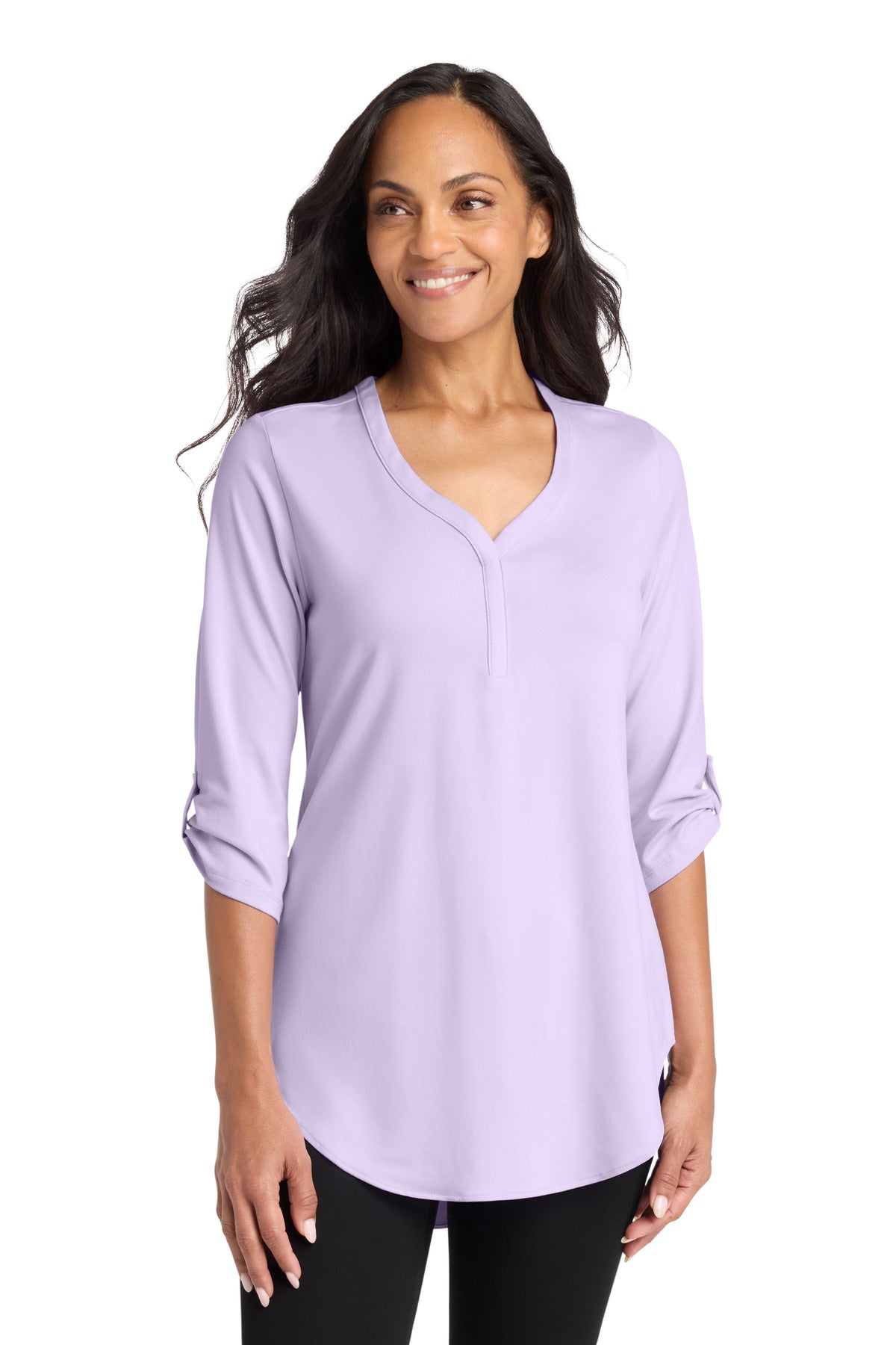 Custom Bright Lavender Women's City Stretch 3/4-Sleeve Tunic LK6840, personalized by SanCanDo Swag in Argyle, TX