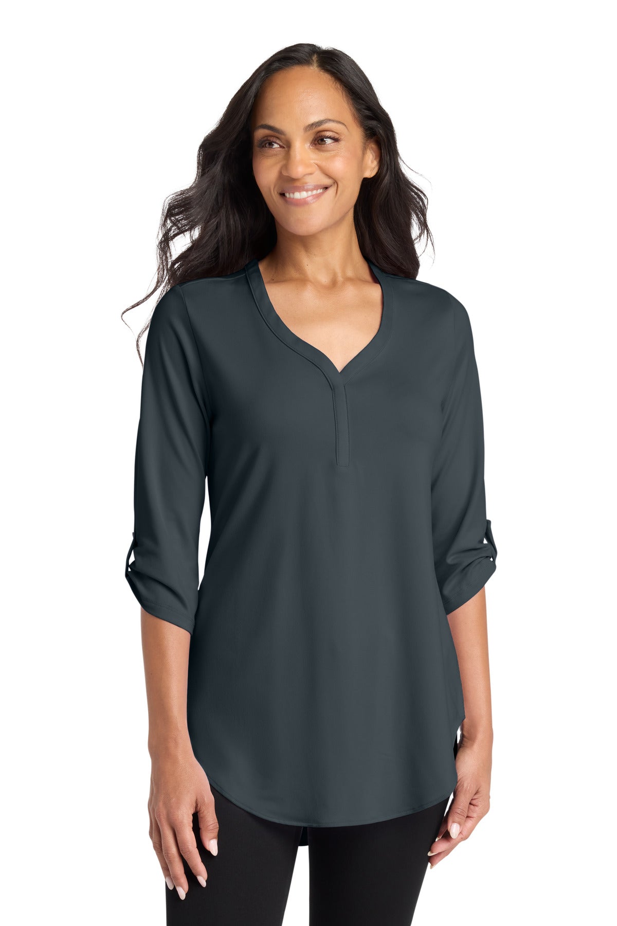 Custom Graphite Women's City Stretch 3/4-Sleeve Tunic LK6840, personalized by SanCanDo Swag in Argyle, TX