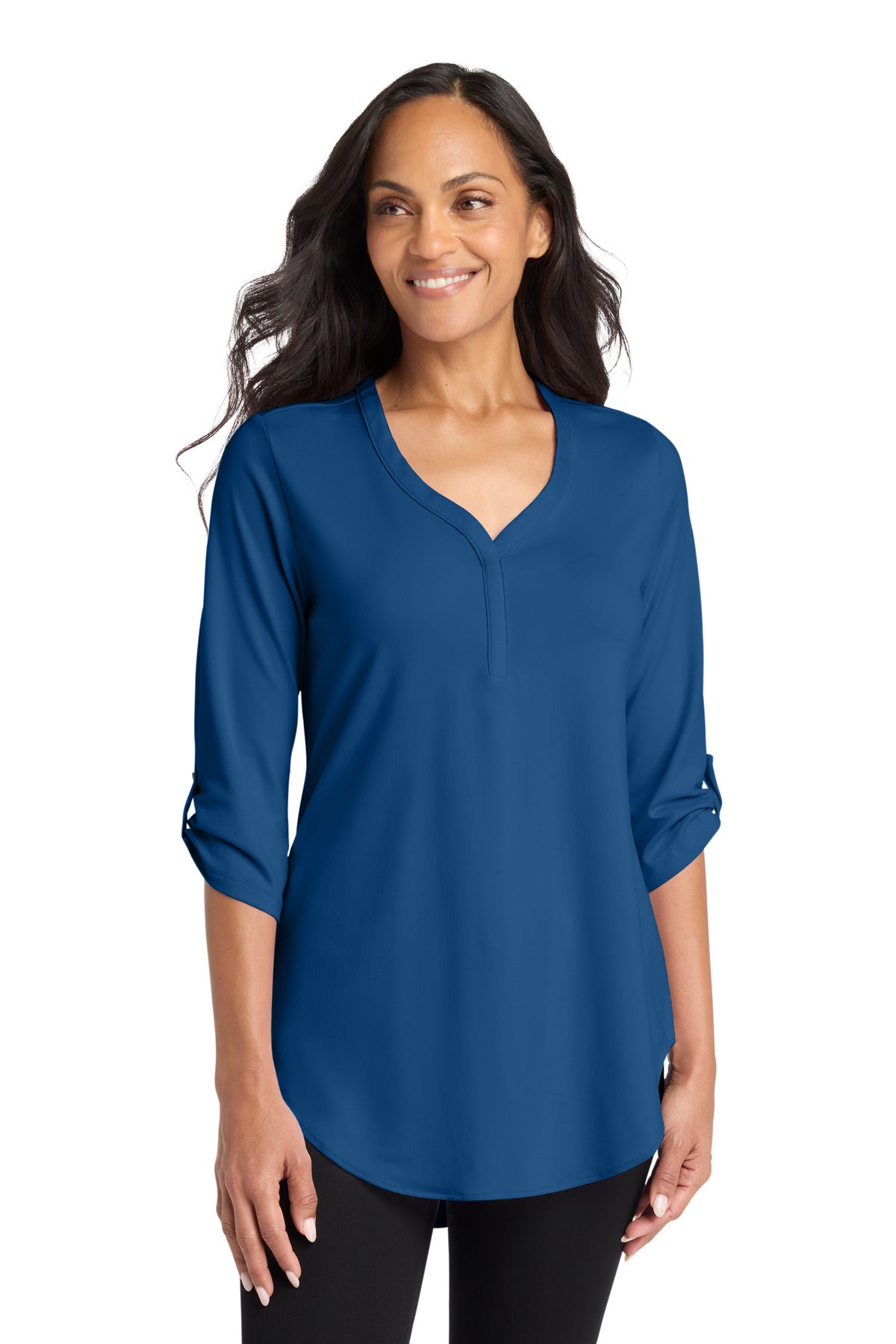 Custom True Blue Women's City Stretch 3/4-Sleeve Tunic LK6840, personalized by SanCanDo Swag in Argyle, TX