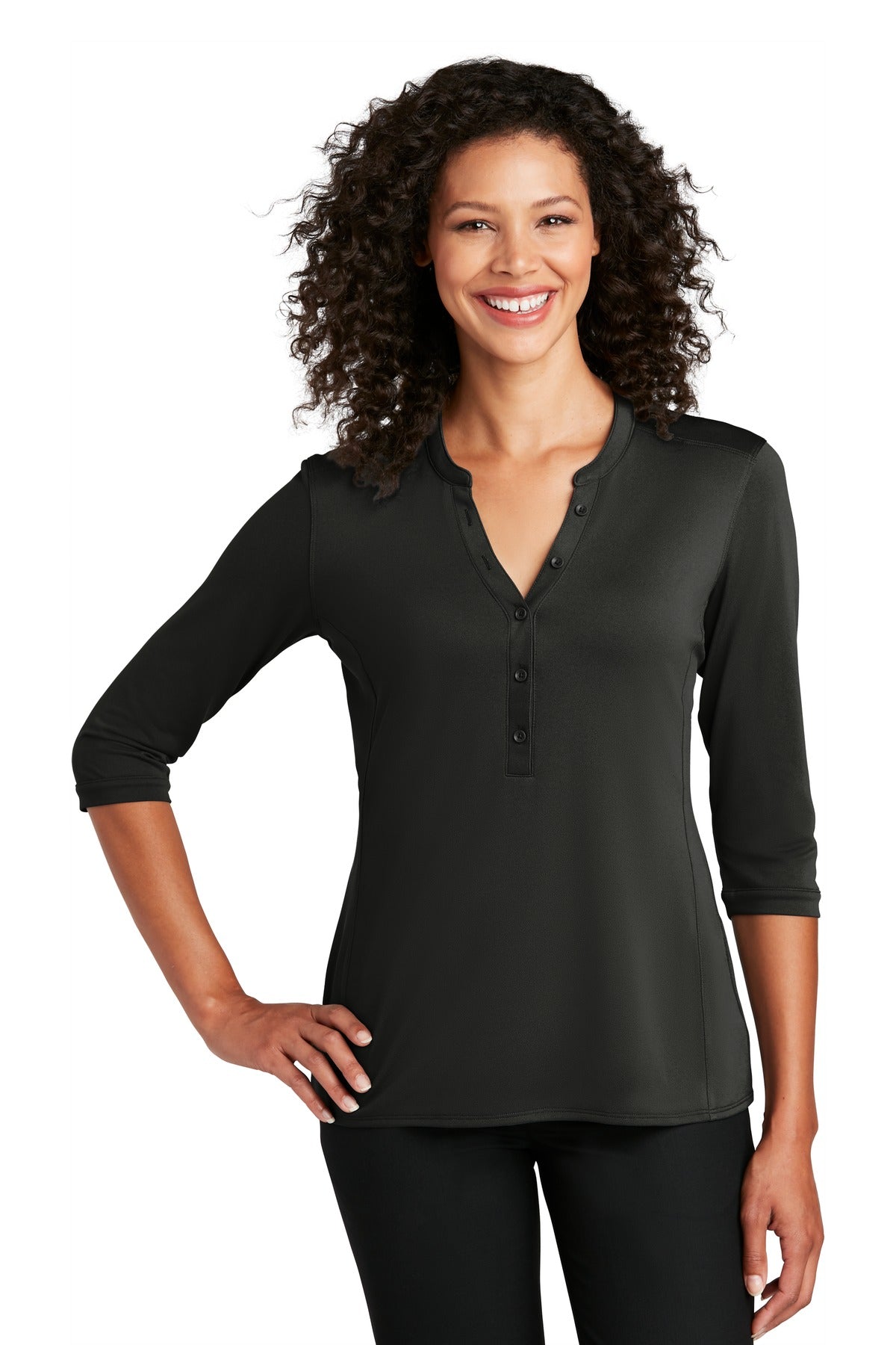 Custom Black Women's UV Choice Pique Henley LK750, personalized by SanCanDo Swag in Argyle, TX