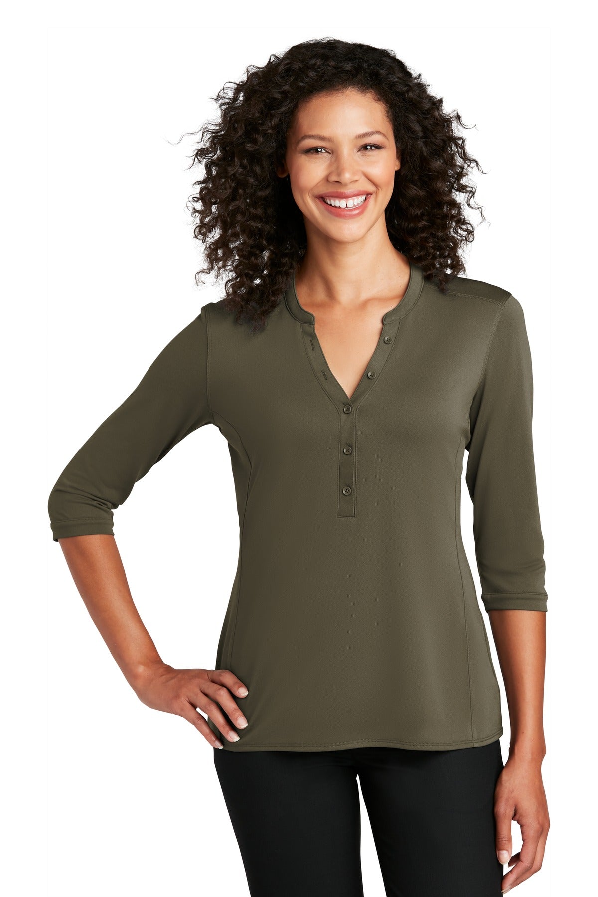 Custom Deep Olive Women's UV Choice Pique Henley LK750, personalized by SanCanDo Swag in Argyle, TX