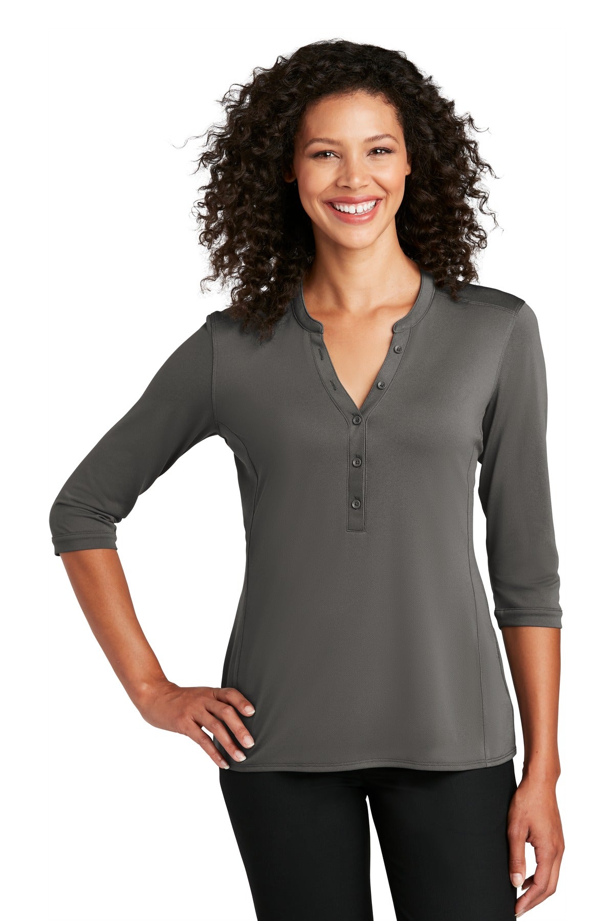 Custom Sterling Grey Women's UV Choice Pique Henley LK750, personalized by SanCanDo Swag in Argyle, TX