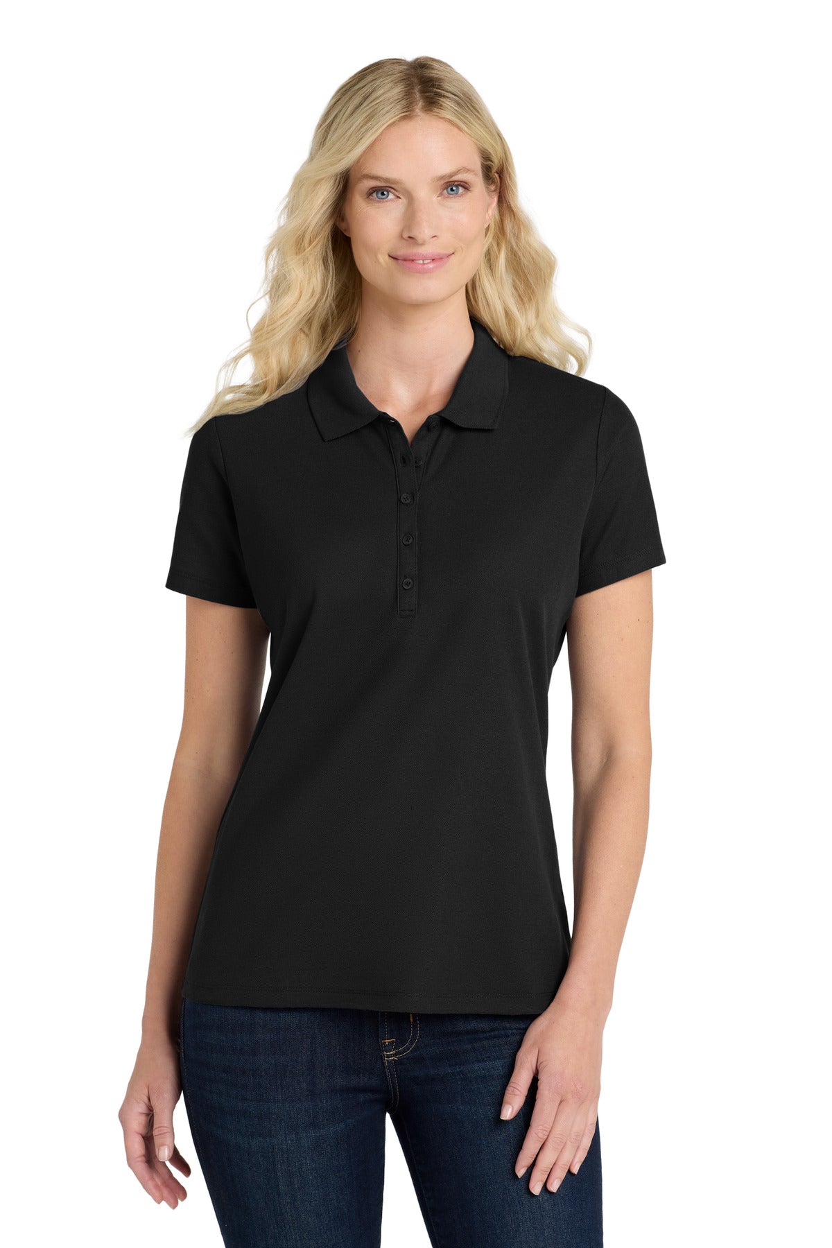 Custom Deep Black Women's SuperPro React Polo LK810, personalized by SanCanDo Swag in Argyle, TX