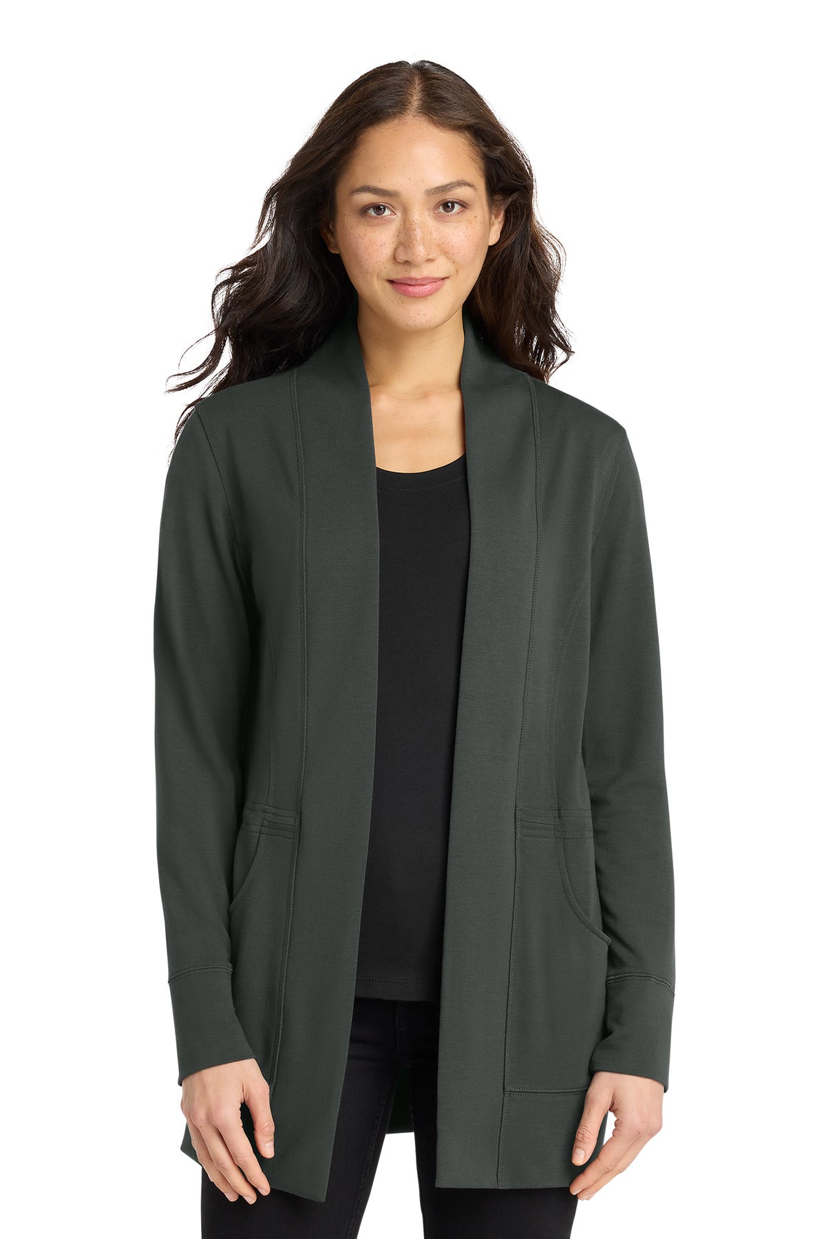 Custom Charcoal Women's Microterry Cardigan LK825, personalized by SanCanDo Swag in Argyle, TX