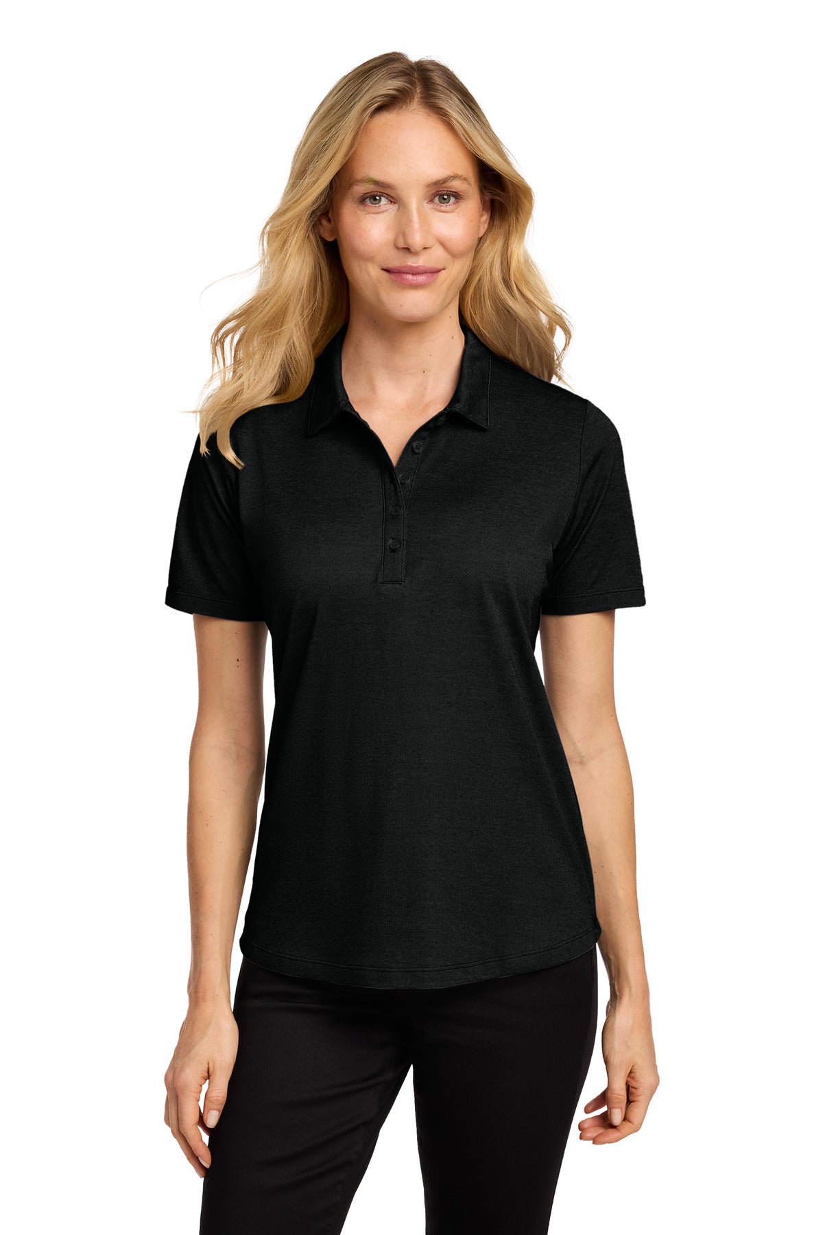 Custom Black Heather Women's Fine Pique Blend Polo LK830, personalized by SanCanDo Swag in Argyle, TX