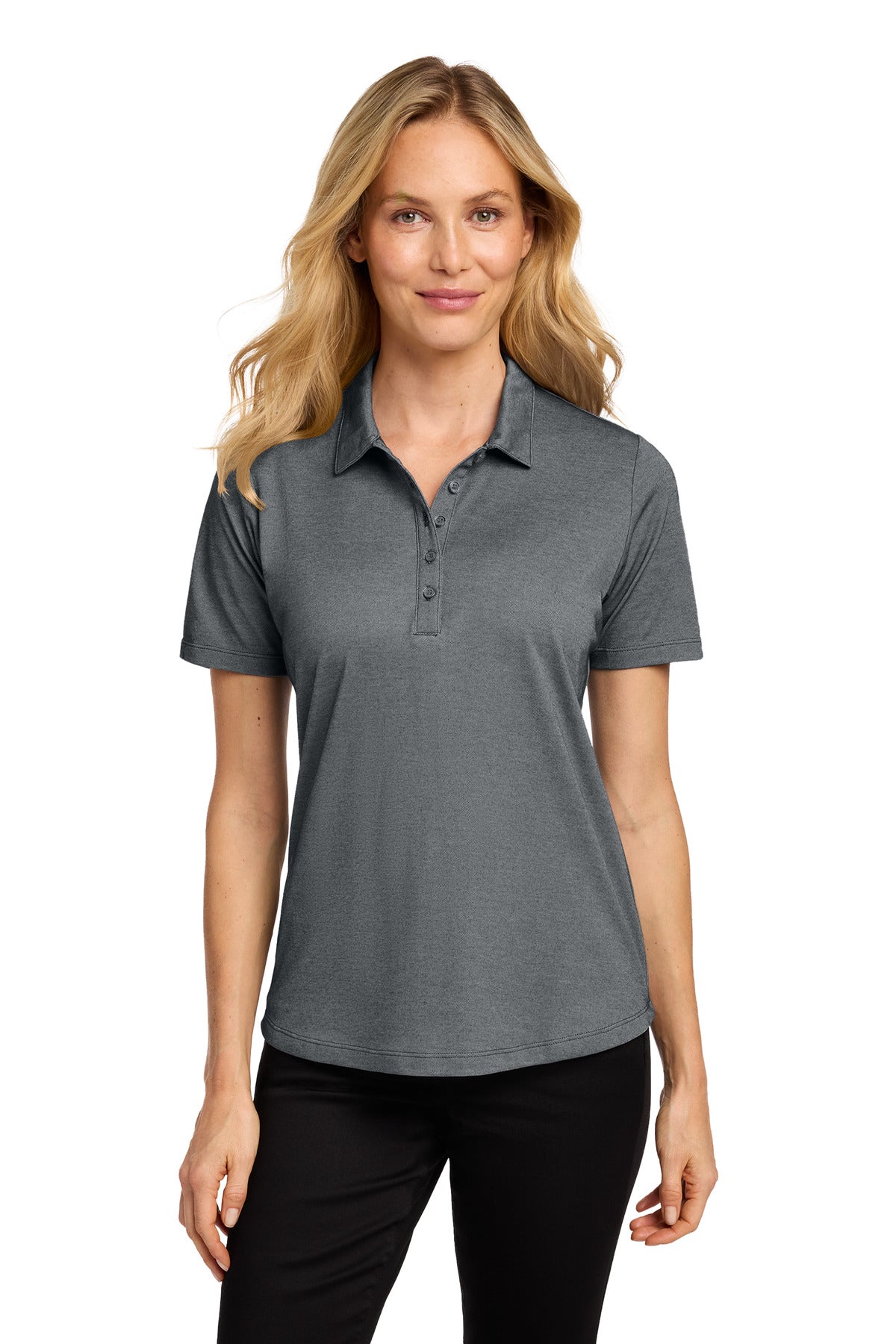 Custom Charcoal Heather Women's Fine Pique Blend Polo LK830, personalized by SanCanDo Swag in Argyle, TX