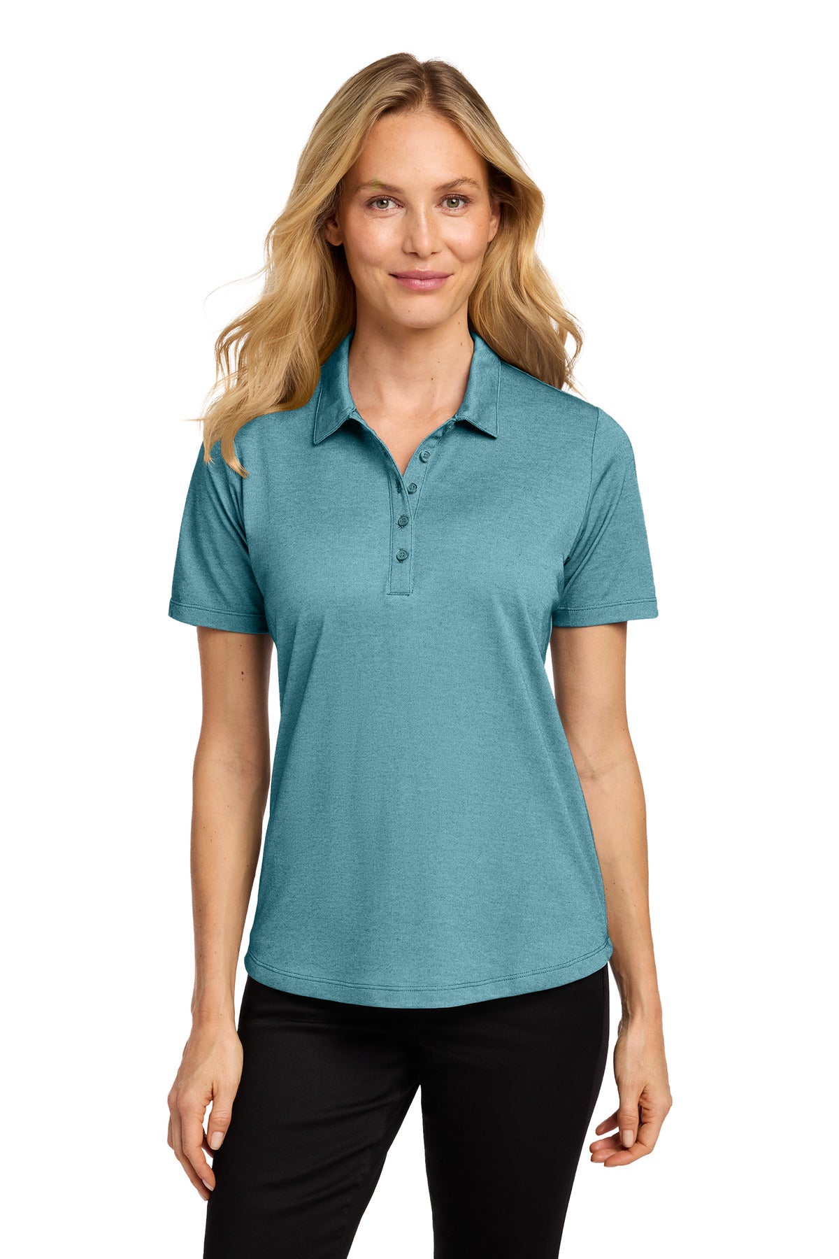 Custom Dark Teal Heather Women's Fine Pique Blend Polo LK830, personalized by SanCanDo Swag in Argyle, TX
